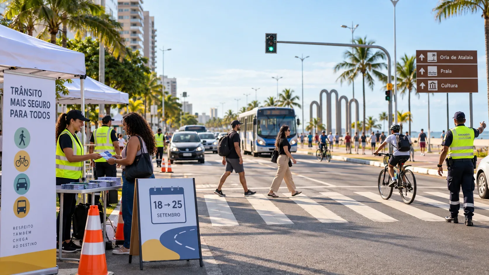 Ação educativa de trânsito em avenida litorânea, com agentes de colete refletivo, pedestres na faixa, ciclista, ônibus e ponto de orientação.
