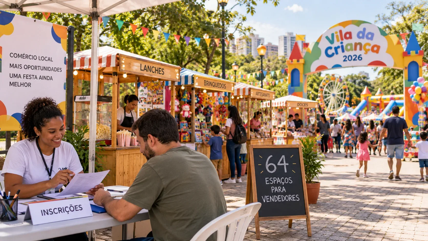 Feira infantil ao ar livre com barracas de lanches, brinquedos e artesanato, mesa de inscrições e arco da Vila da Criança 2026 ao fundo.