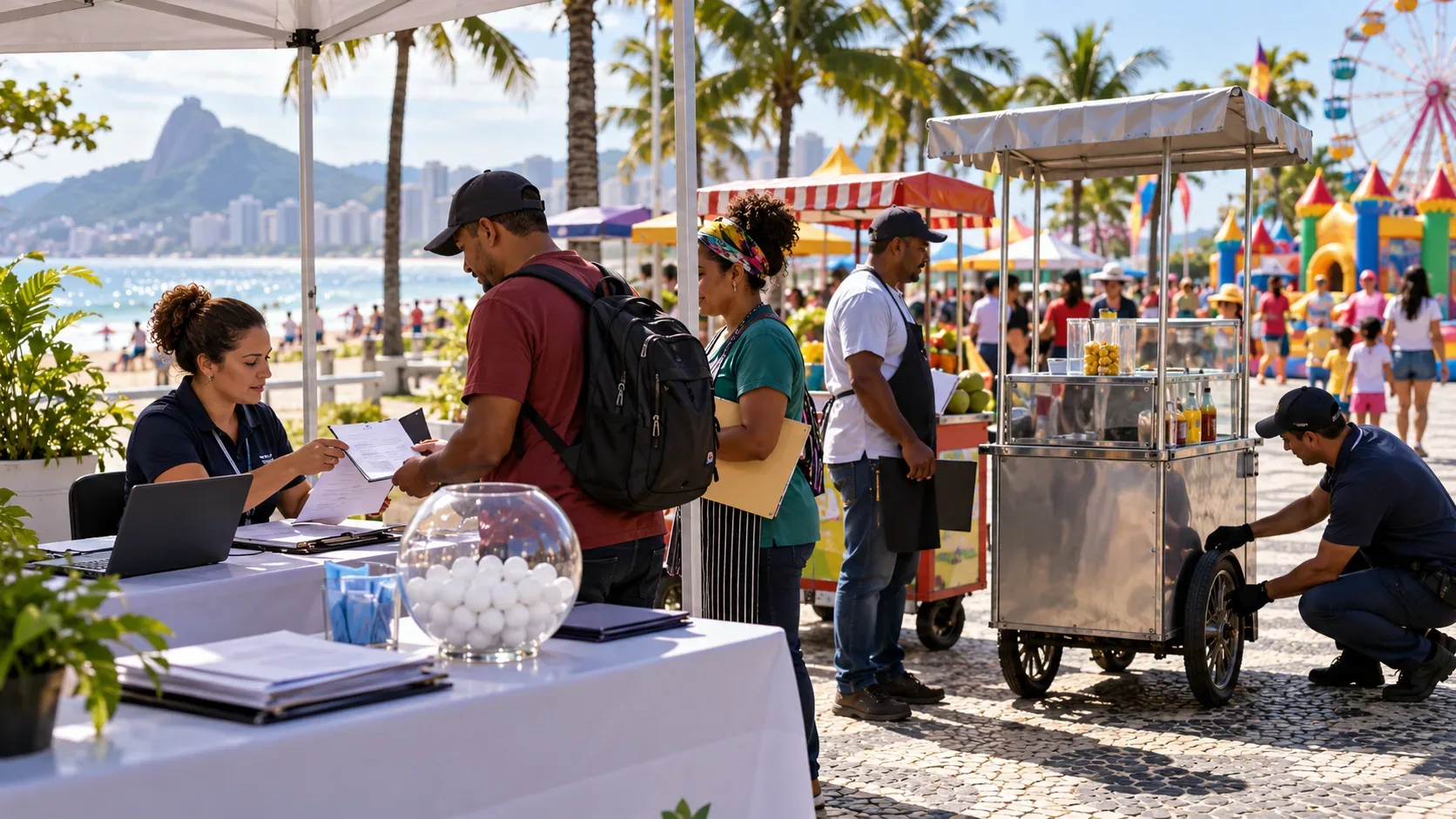 Ponto de credenciamento em uma orla com comerciantes, carrinhos de venda, conferência de documentos e vistoria de equipamento em ambiente de evento familiar.