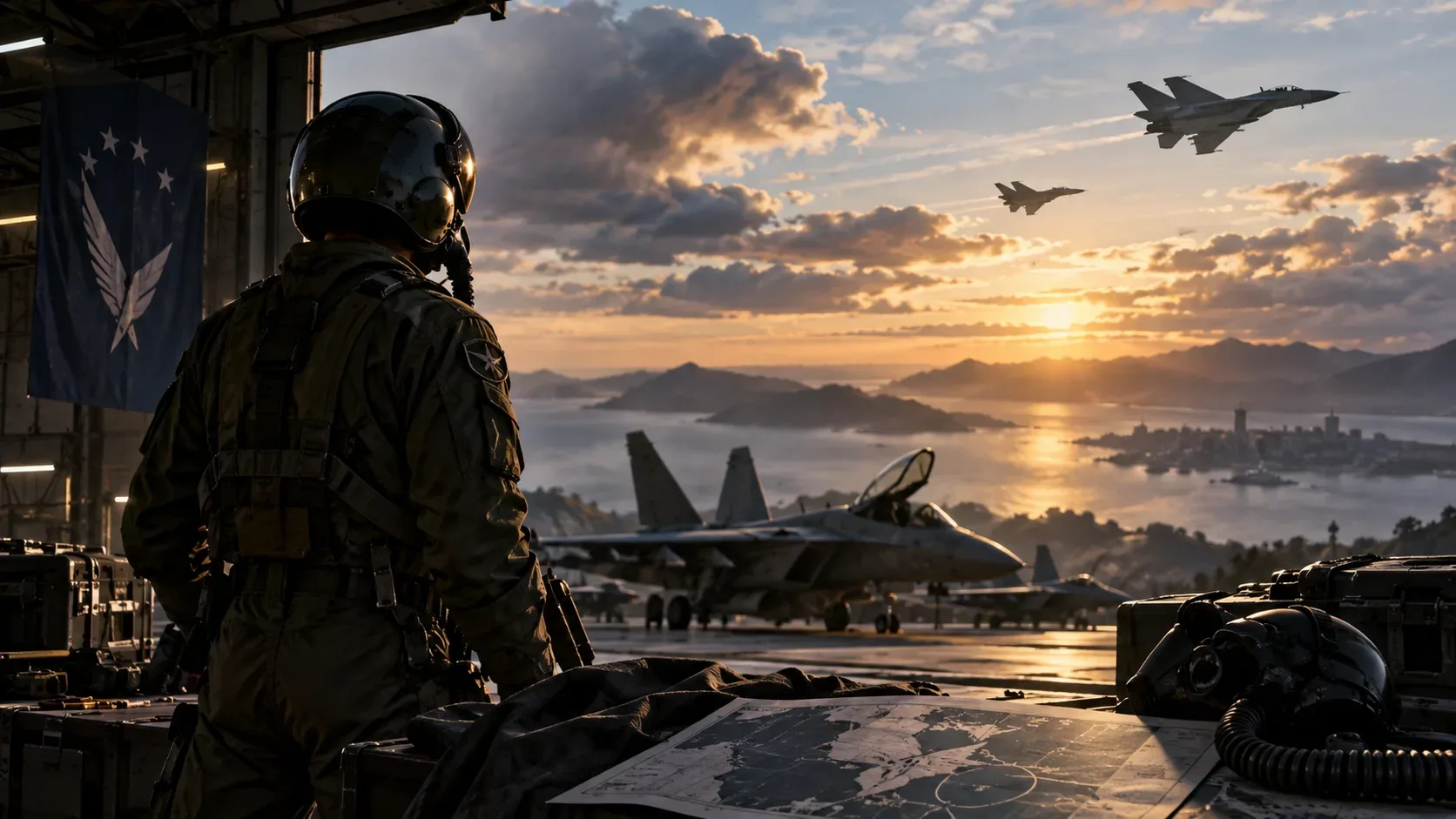 Piloto militar observa caças de combate sobre uma costa montanhosa ao pôr do sol, com aeronaves no solo e no céu.