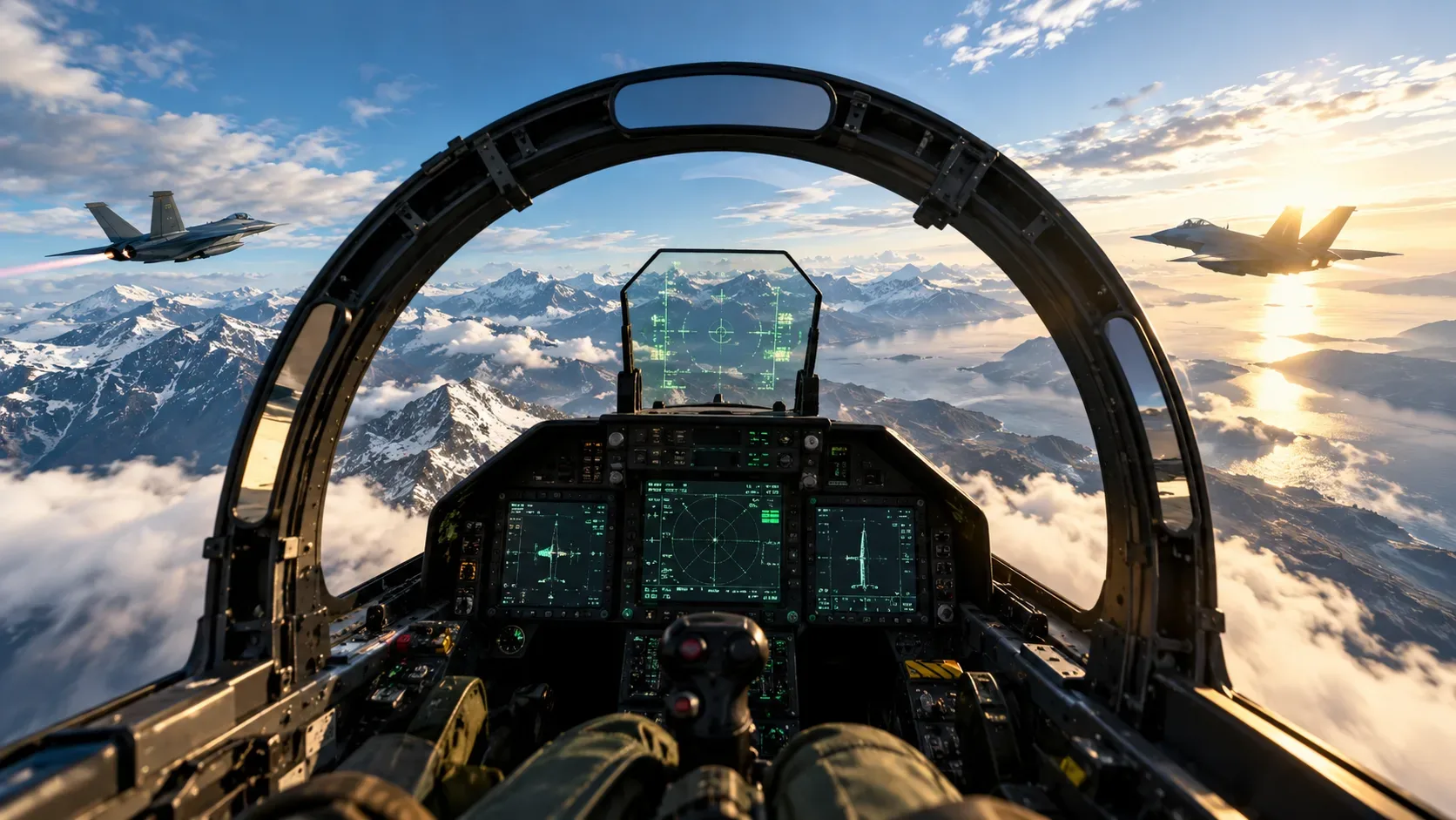 Vista em primeira pessoa de uma cabine de caça, com painel de instrumentos e dois aviões sobre montanhas nevadas.