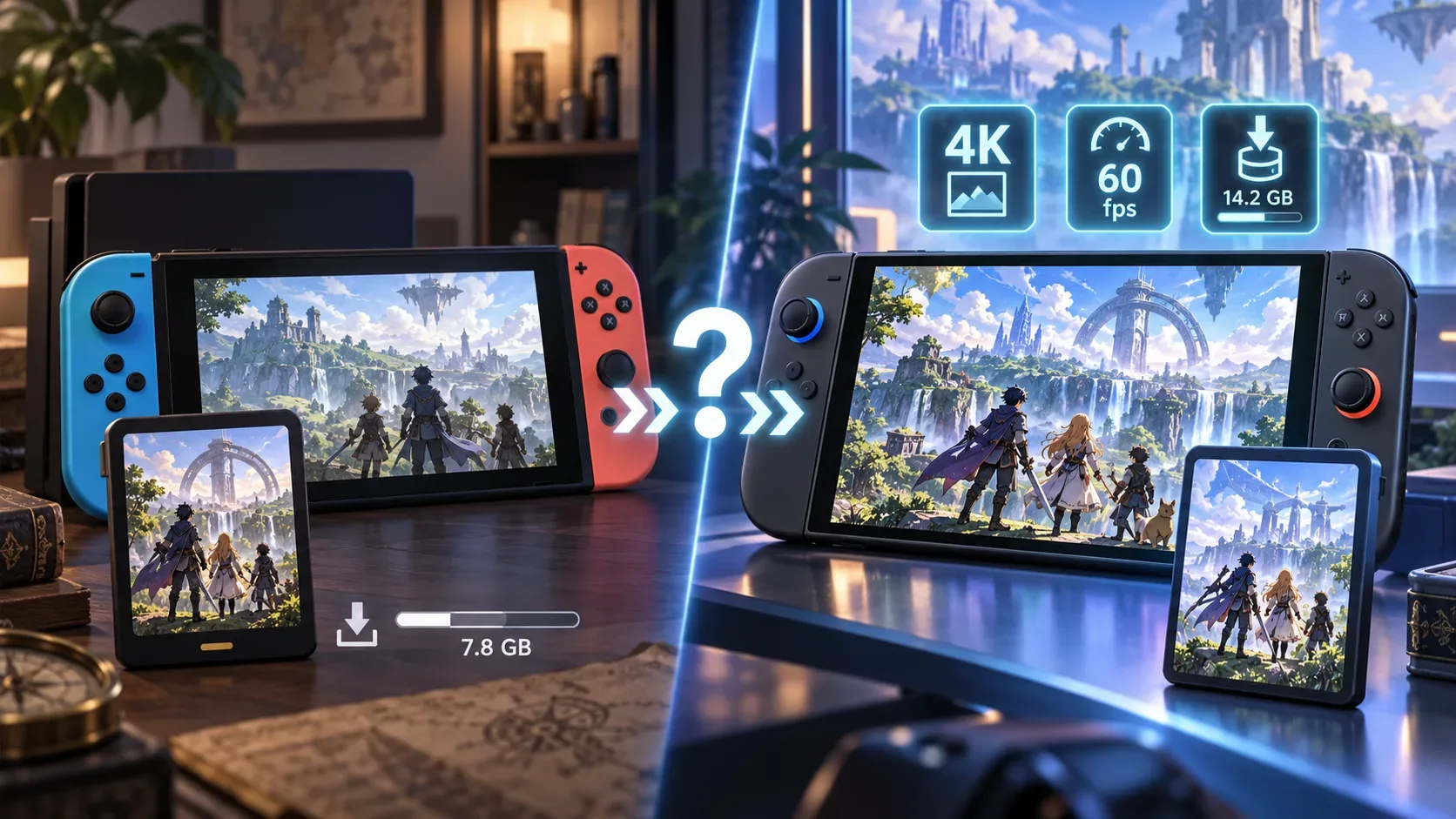 Comparação entre dois consoles híbridos exibindo uma aventura de RPG de fantasia, com indicadores visuais de 4K, 60 fps e armazenamento.