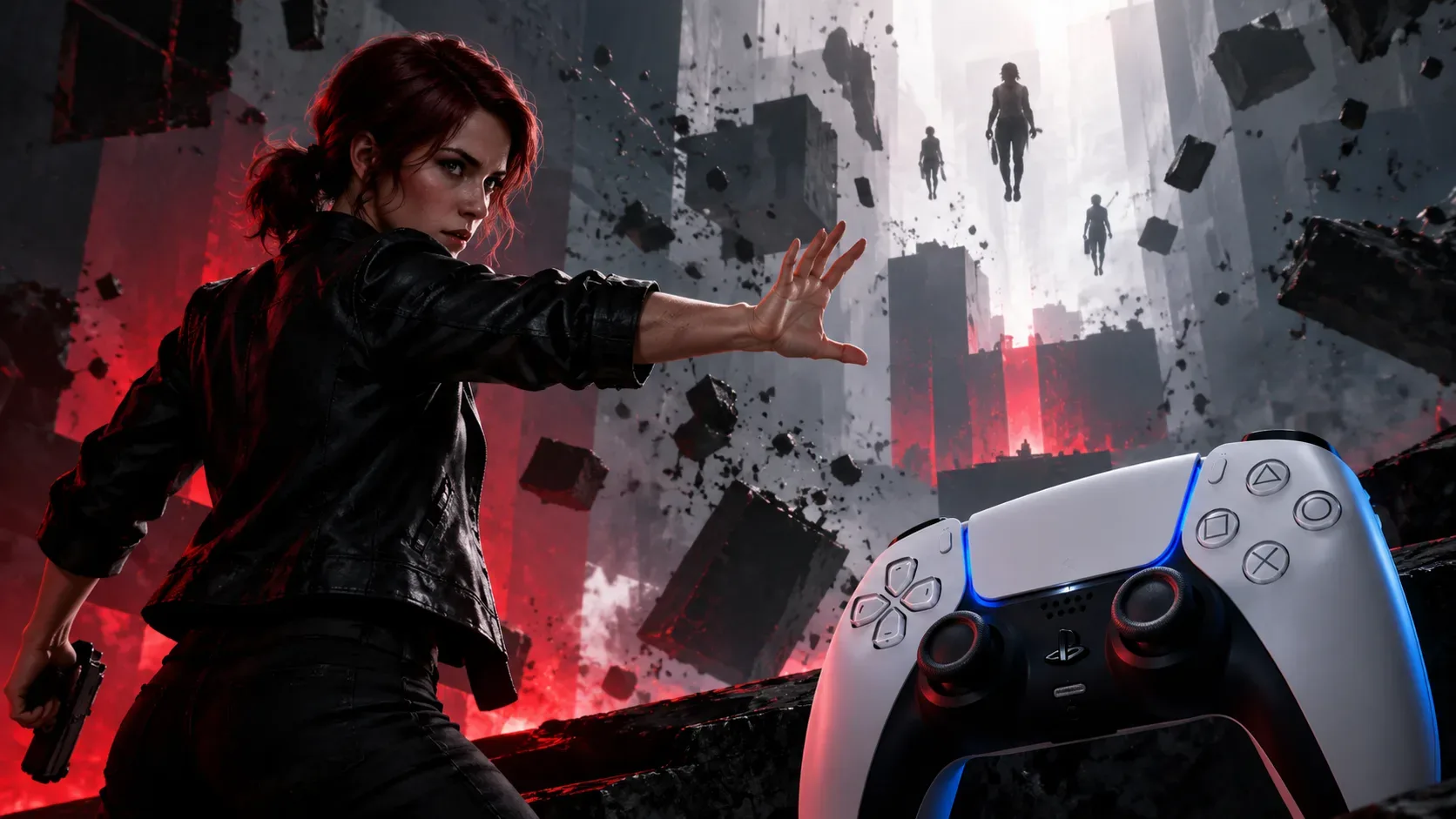Mulher ruiva em cenário paranormal com blocos de concreto flutuando ao fundo e controle branco e preto inspirado no DualSense em primeiro plano.