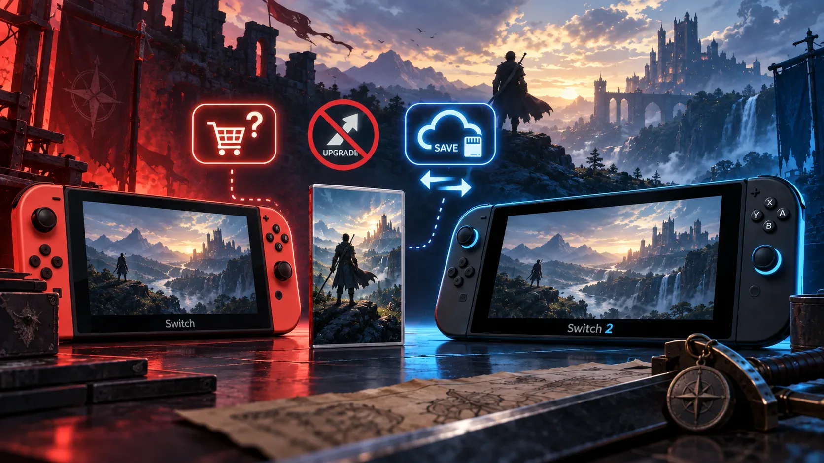 Dois consoles portáteis lado a lado, um com iluminação vermelha e outro azul, diante de um cenário de fantasia, com ícones de compra, upgrade bloqueado e transferência de save entre eles.