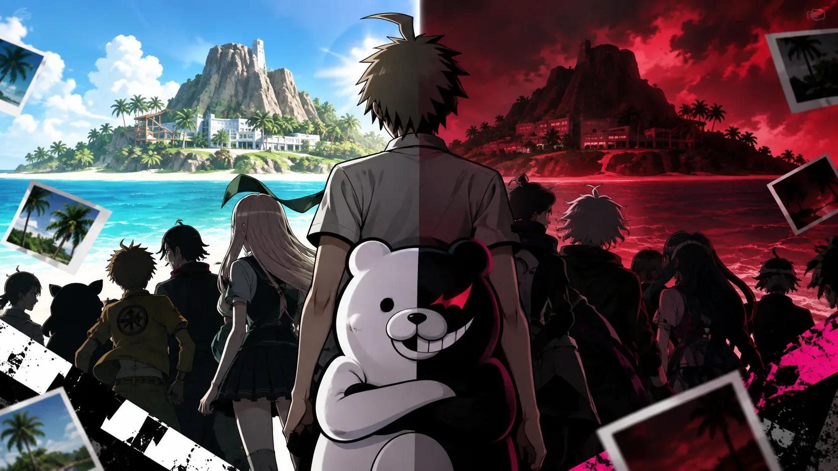Ilha tropical dividida entre um lado ensolarado e outro vermelho e ameaçador, com estudantes vistos de costas e um urso preto e branco ao centro.
