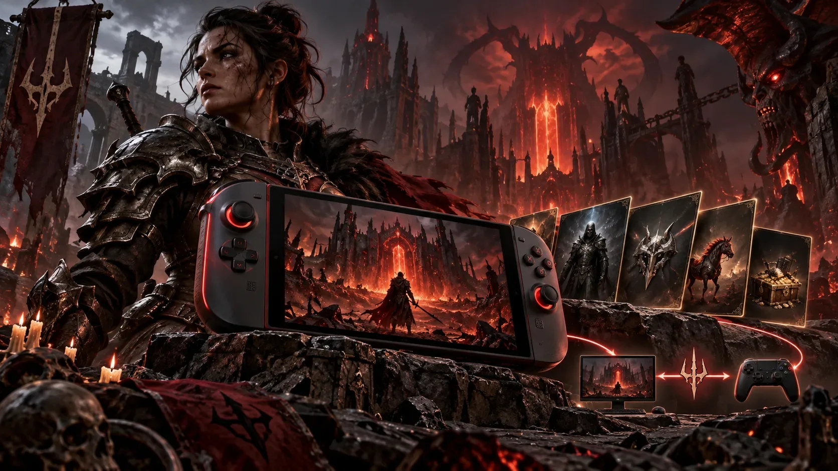 Guerreira de fantasia sombria ao lado de um console portátil diante de uma fortaleza em chamas, com cartões de conteúdo e símbolos de conexão entre console, monitor e controle.
