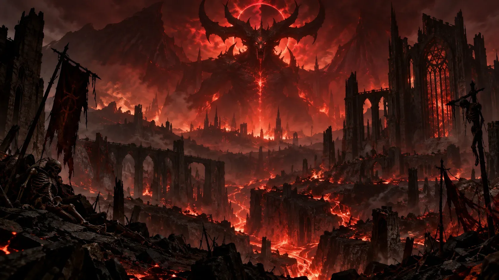 Ruínas góticas de Santuário cercadas por lava e fogo, com uma enorme entidade demoníaca chifruda dominando o horizonte sob um céu vermelho.