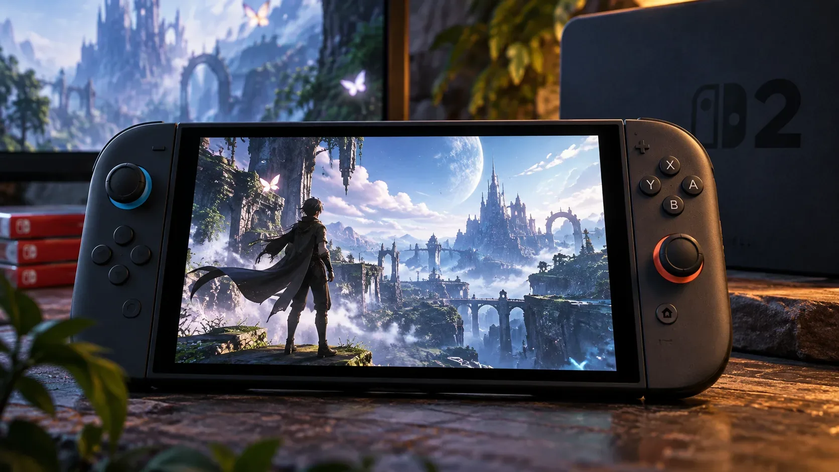 Console portátil escuro com controles laterais diante de uma tela que mostra uma personagem em um mundo de fantasia com ruínas, pontes e um castelo ao fundo.