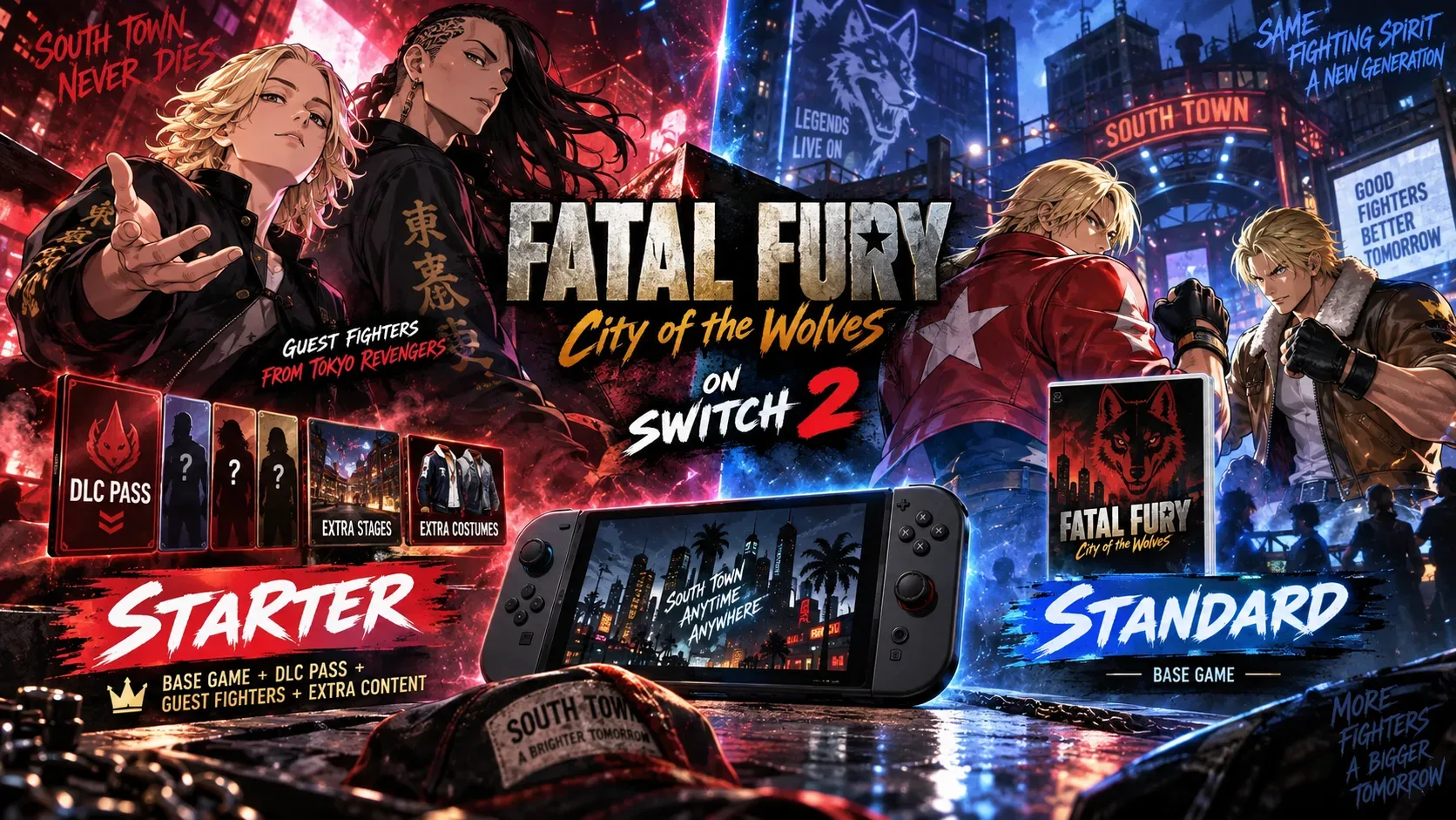 Capa dividida em vermelho e azul compara as edições Starter e Standard de FATAL FURY, com lutadores em uma arena urbana de South Town e um console portátil ao centro.