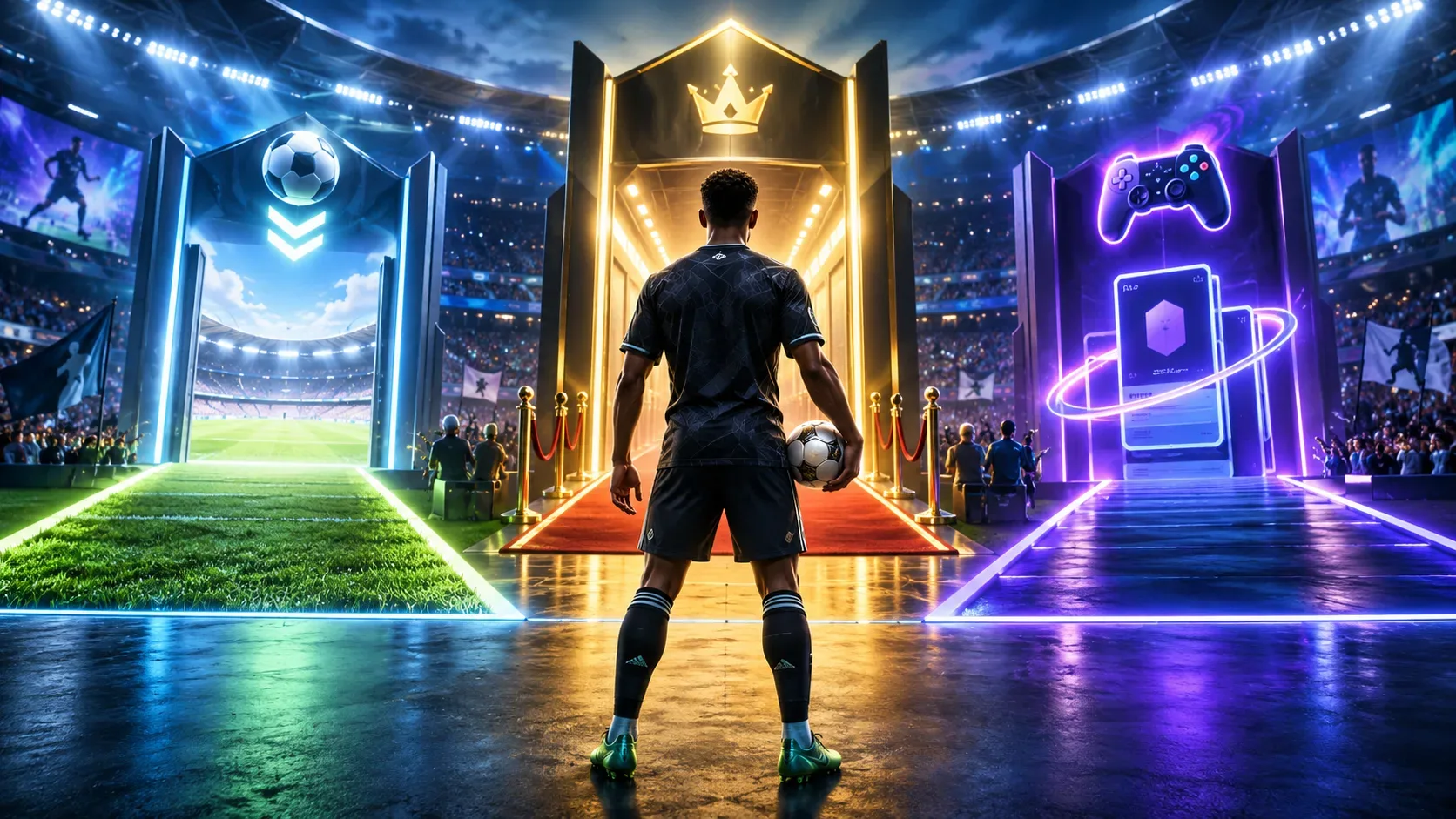 Jogador de futebol visto de costas diante de três portais iluminados em um estádio futurista, simbolizando acesso gratuito, antecipado e por assinatura.