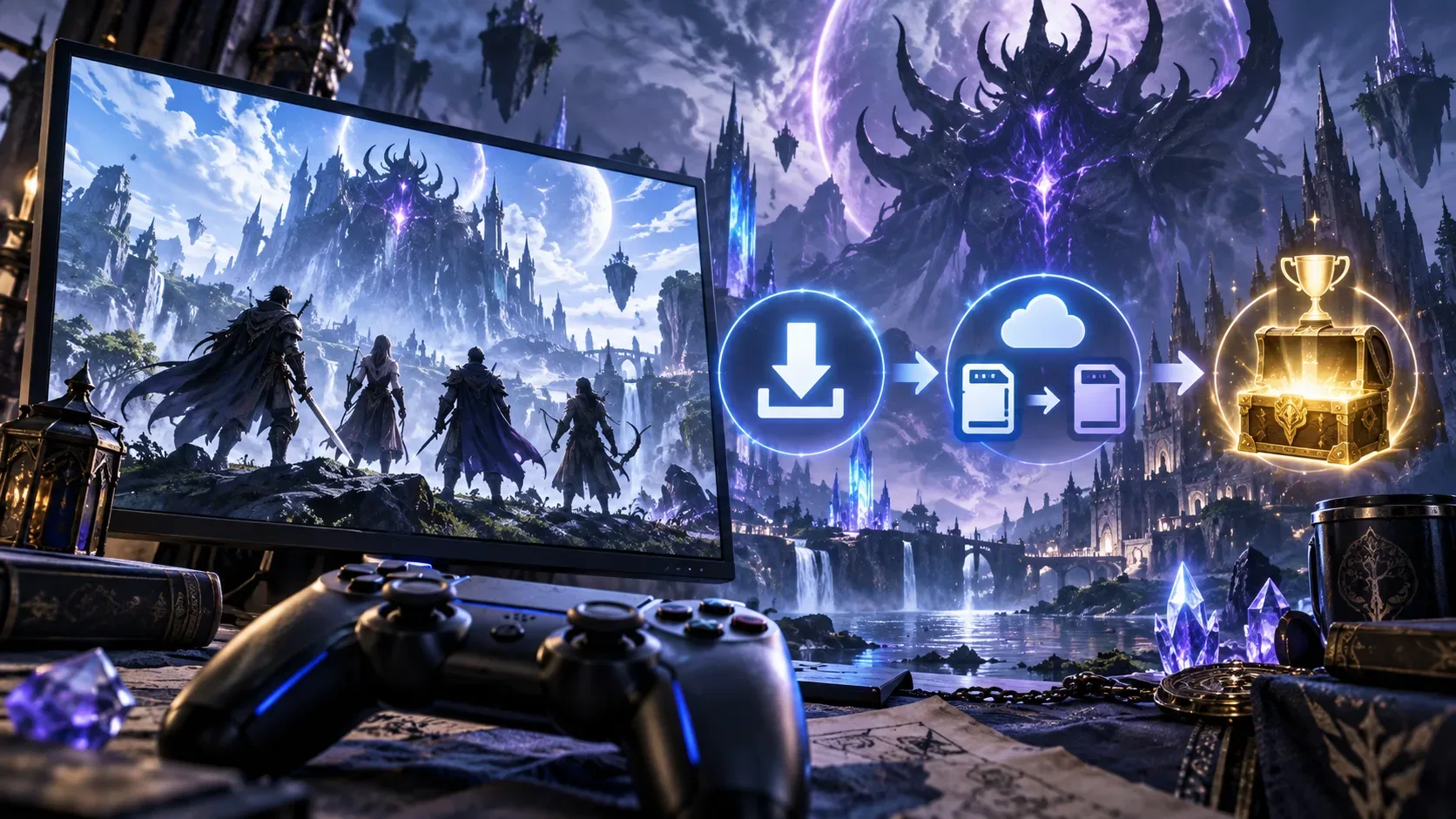 Controle de videogame diante de cenário de fantasia, com símbolos de download, transferência de save e um baú dourado de recompensa.