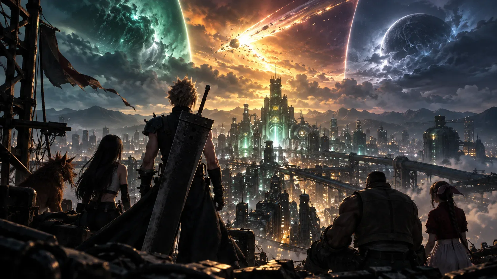 Grupo de aventureiros visto de costas diante de uma megacidade futurista sob um céu dividido por fenômenos celestes e um rastro luminoso.