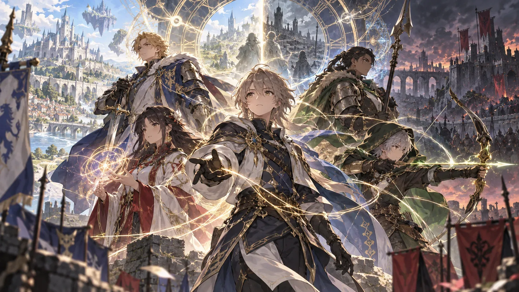 Protagonista de fantasia ao centro com quatro heróis ao redor, fios luminosos de tempo e duas cidades contrastantes entre passado e futuro.