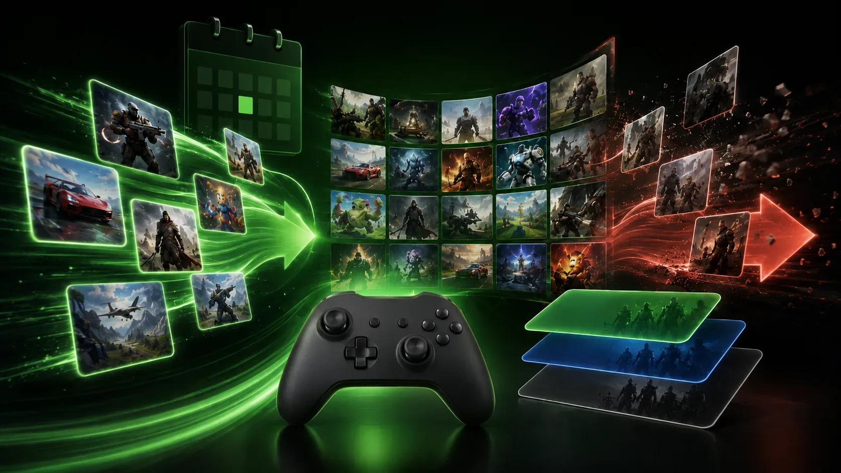 Controle de videogame diante de cartões de jogos, com fluxo verde de entradas, fluxo vermelho de saídas, calendário ao fundo e camadas que representam diferentes planos de assinatura.