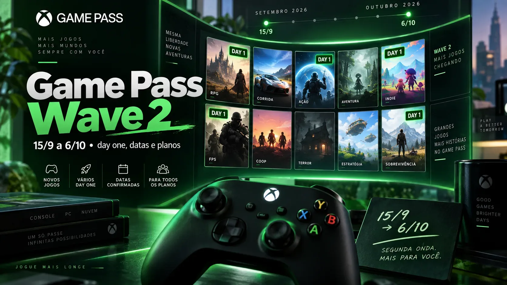Painel verde e preto inspirado no Game Pass, com controle Xbox em primeiro plano, grade de jogos, selos Day 1 e linha de datas de 15/9 a 6/10.