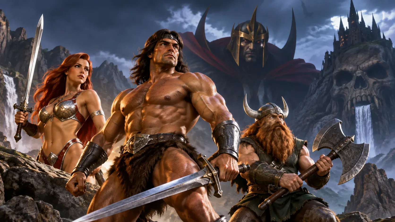 Três guerreiros de fantasia — um bárbaro com espada, uma guerreira ruiva e um anão com machado — diante de um vilão blindado sobre montanhas e uma fortaleza em forma de caveira.