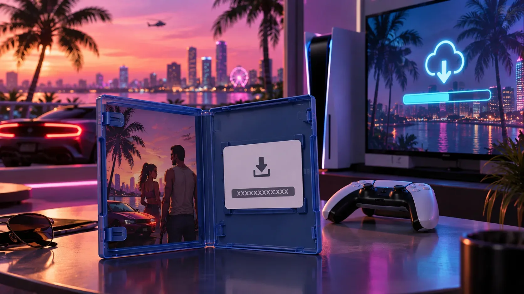 Caixa azul de jogo aberta sem disco, com cartão de download, controle e console diante de uma cidade costeira iluminada por neon.