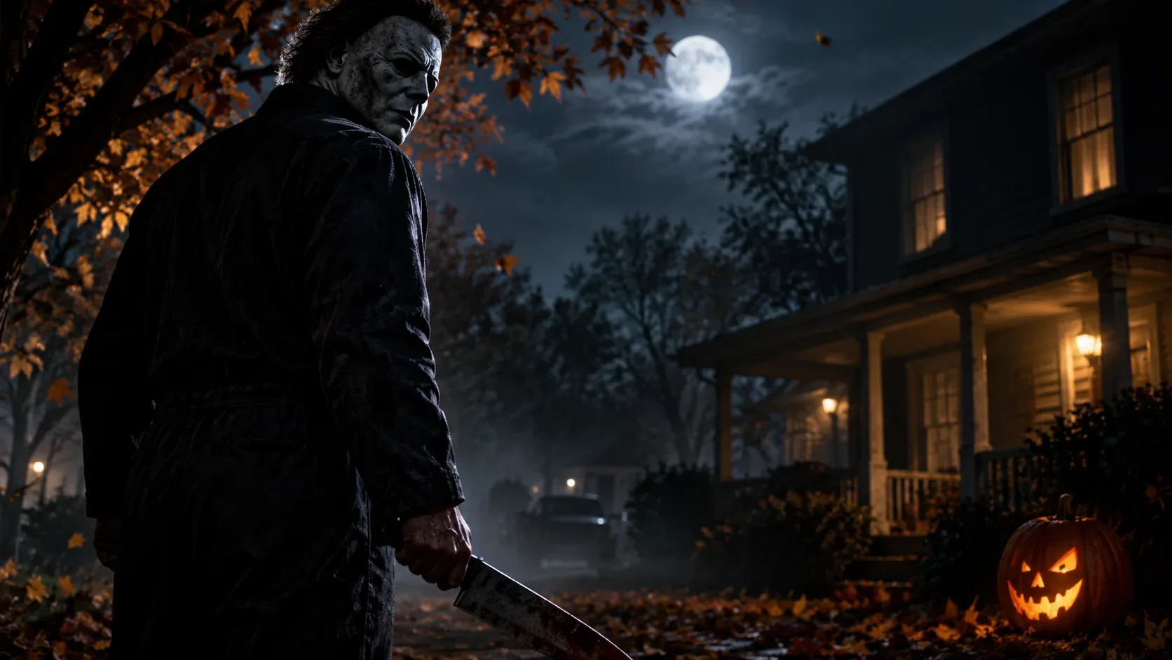 Michael Myers mascarado com faca em uma rua suburbana noturna e enevoada, diante de uma casa iluminada e uma abóbora de Halloween sob a lua cheia
