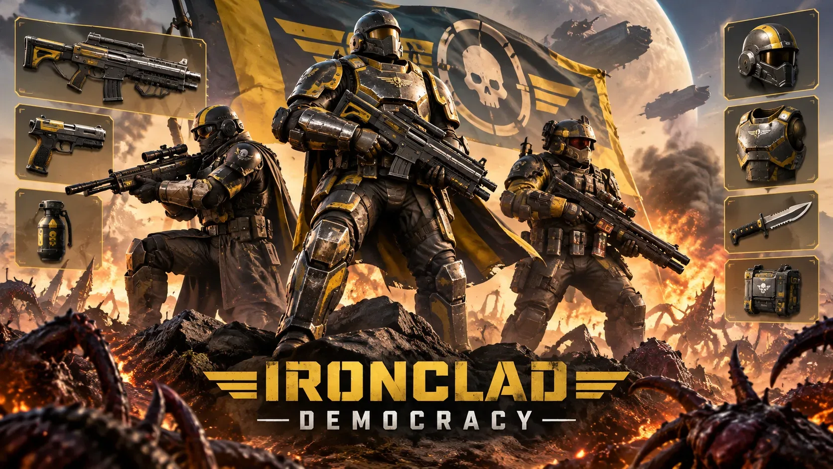 Três soldados futuristas em armaduras pesadas lutam em um campo de batalha alienígena, cercados por painéis com armas e equipamentos, com o texto Ironclad Democracy na parte inferior.