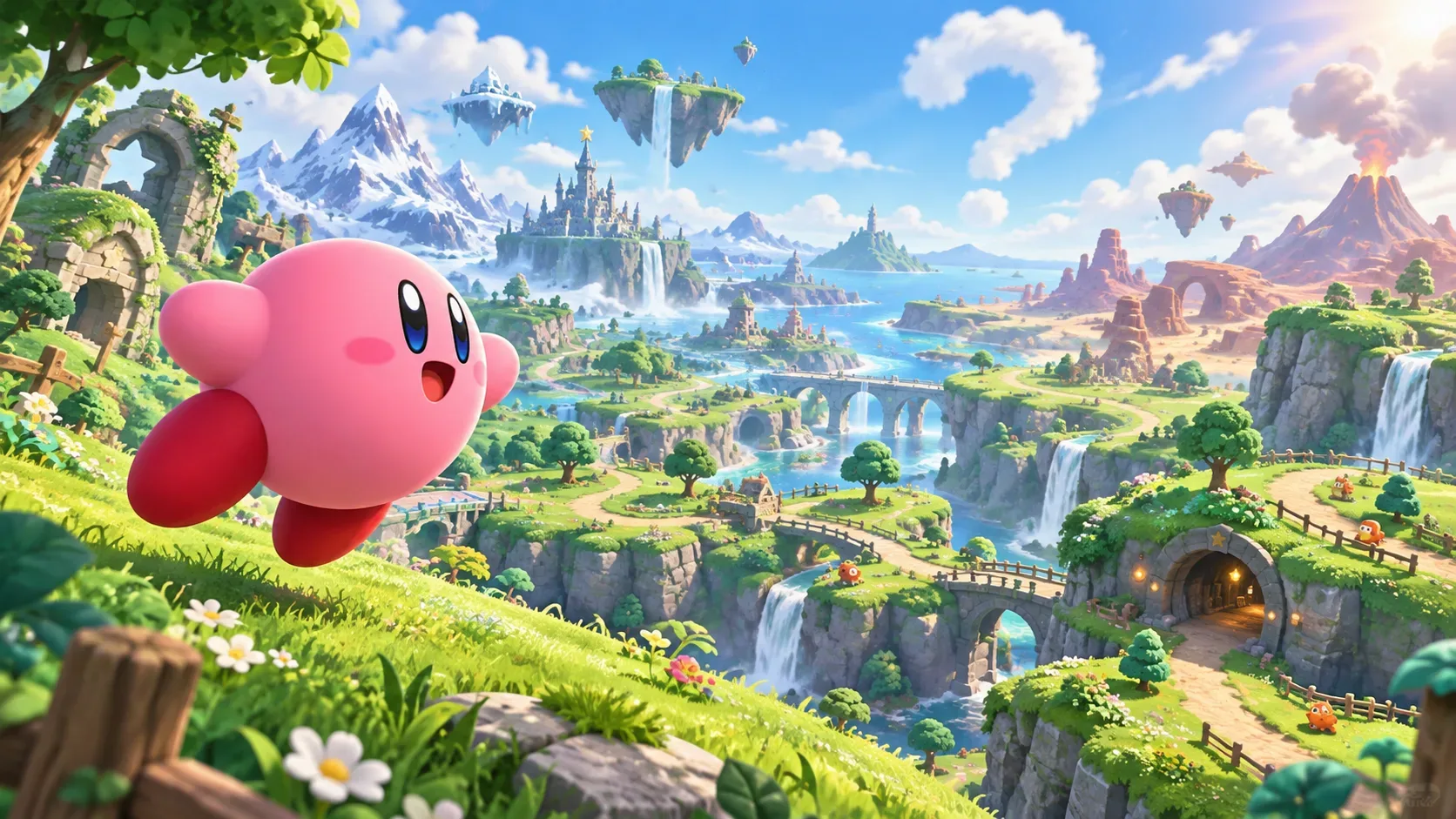 Kirby flutua diante de um vasto mundo 3D colorido com vales, cachoeiras, castelo, montanhas, deserto, ilhas flutuantes e uma nuvem em forma de ponto de interrogação.