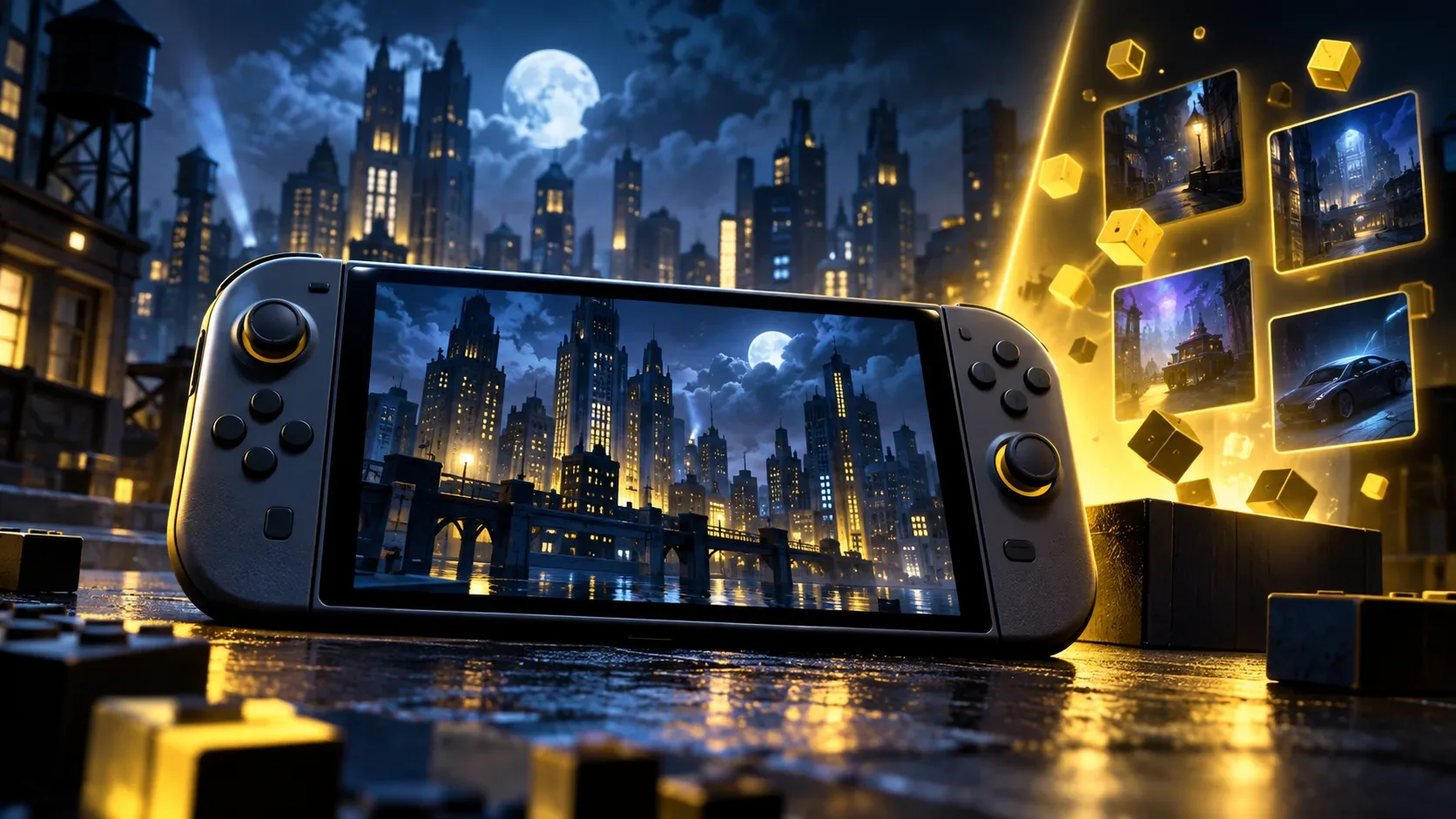 Console portátil genérico diante de uma cidade noturna, com luzes azuis e amarelas e blocos abstratos sugerindo conteúdo adicional.