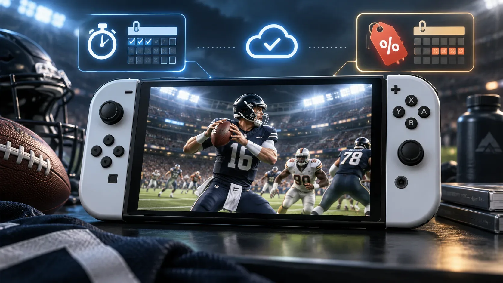 Console portátil branco exibindo partida de futebol americano, com ícones de contagem regressiva, save na nuvem e desconto ao fundo.