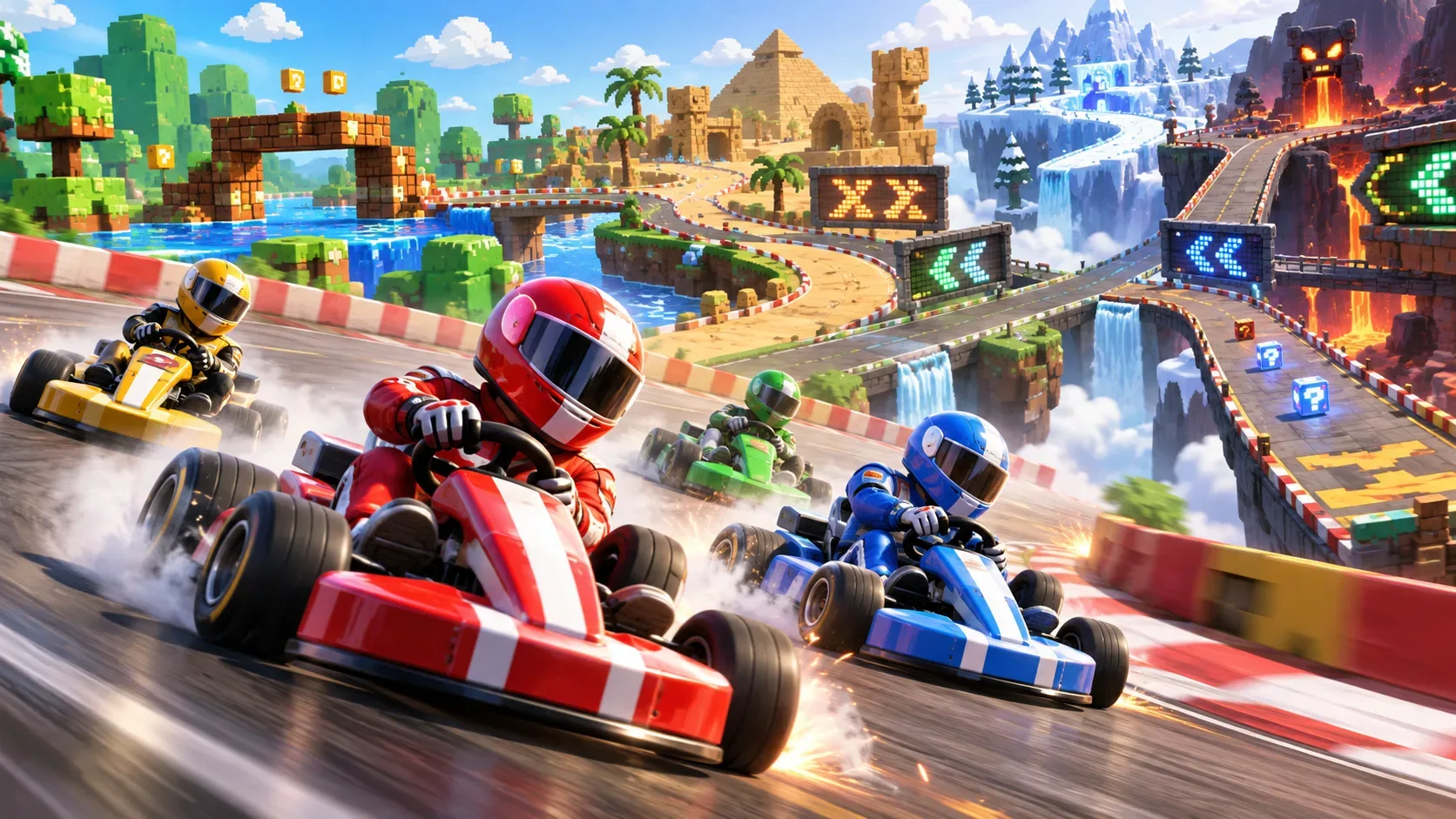 Corredores fictícios em karts coloridos fazem uma curva em alta velocidade diante de uma pista ramificada com cenários inspirados em gráficos retrô e diferentes biomas.