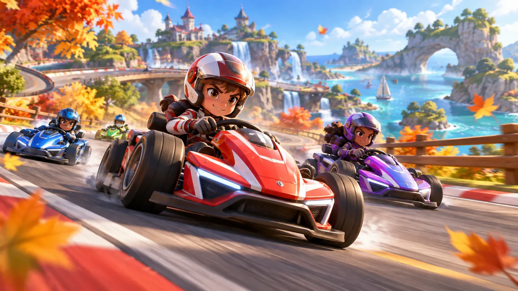Quatro pilotos de kart estilizados disputam uma curva em pista colorida, com pontes, árvores e mar ao fundo.