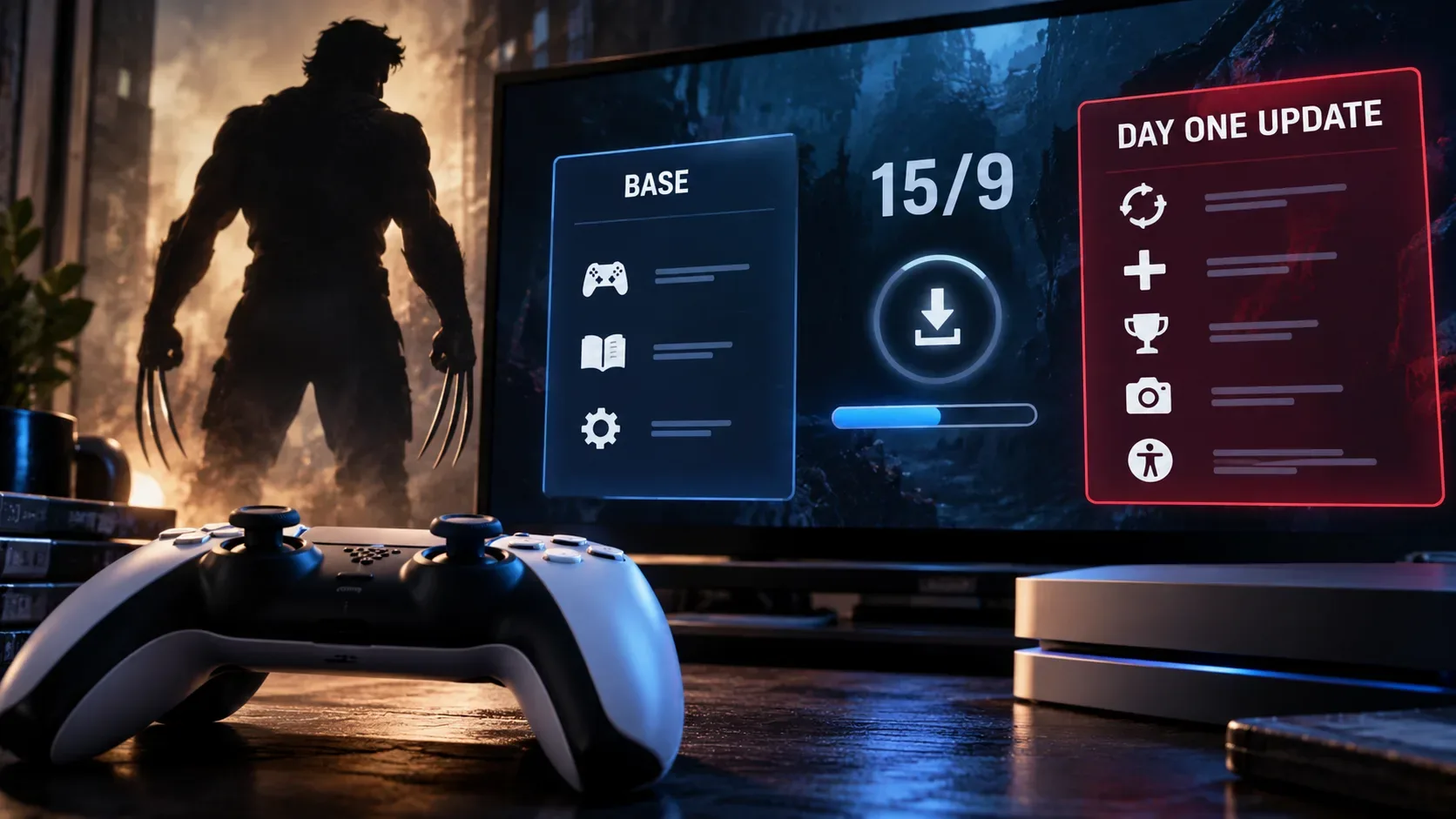Controle de videogame diante de uma tela que contrasta a versão base com uma atualização do primeiro dia, com console e silhueta genérica de herói com garras ao fundo.