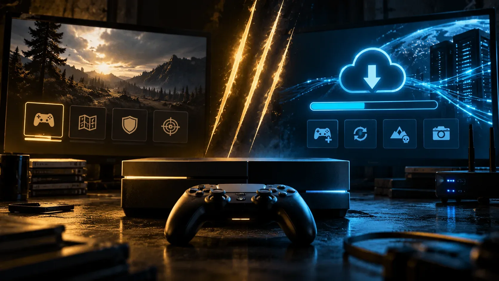 Console e controle genéricos divididos entre uma tela de jogo local iluminada em dourado e uma atualização online em azul, com ícone de download e três riscos luminosos no centro.