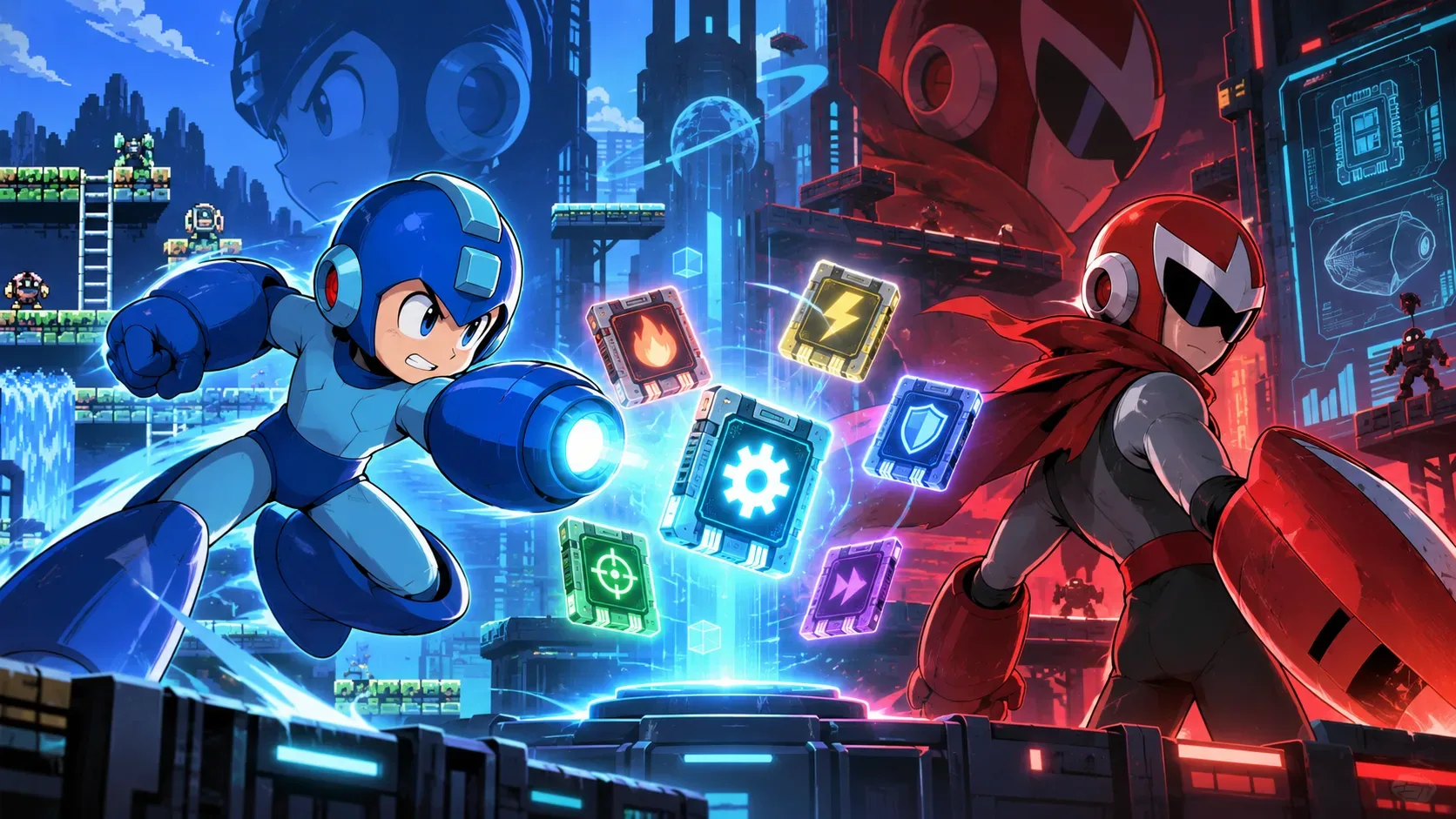 Mega Man avança com o canhão de braço diante de Proto Man, enquanto Custom Chips luminosos flutuam entre os dois em um cenário futurista.
