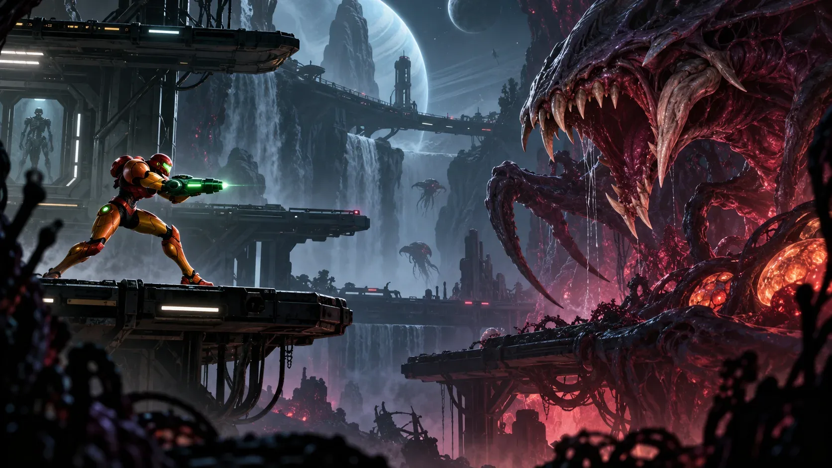 Caçadora espacial em armadura vermelha e laranja aponta um canhão para uma criatura alienígena gigante em um abismo futurista com plataformas e um planeta ao fundo.