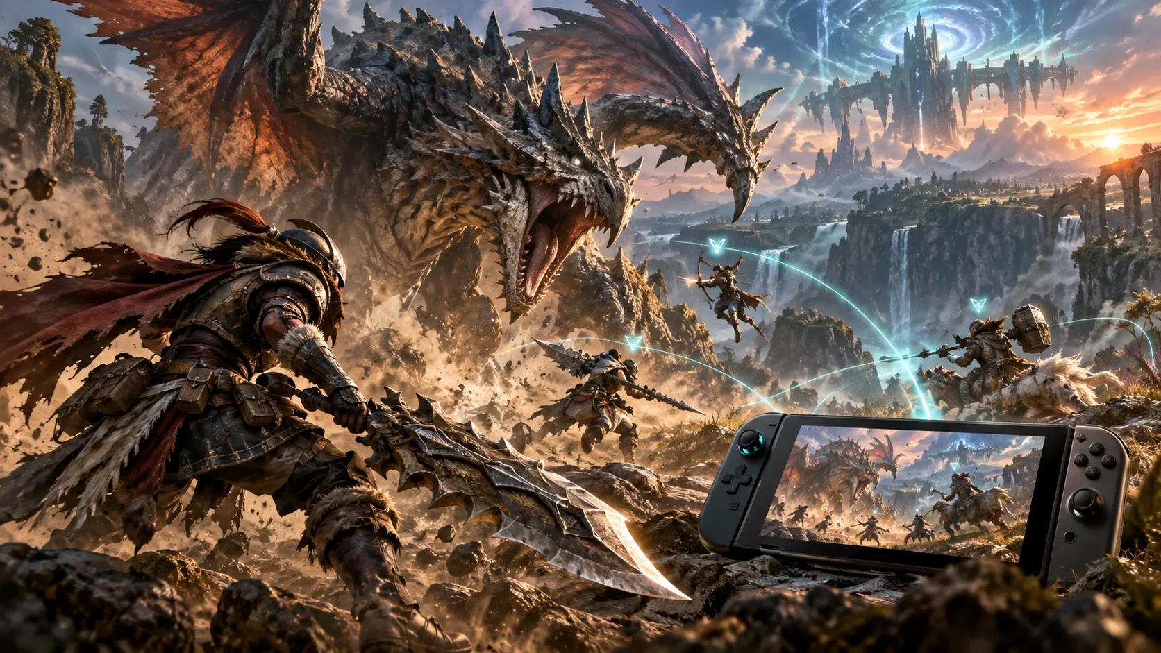 Caçadores enfrentam um enorme wyvern em uma paisagem selvagem, com conexões luminosas entre jogadores e um console portátil em primeiro plano.