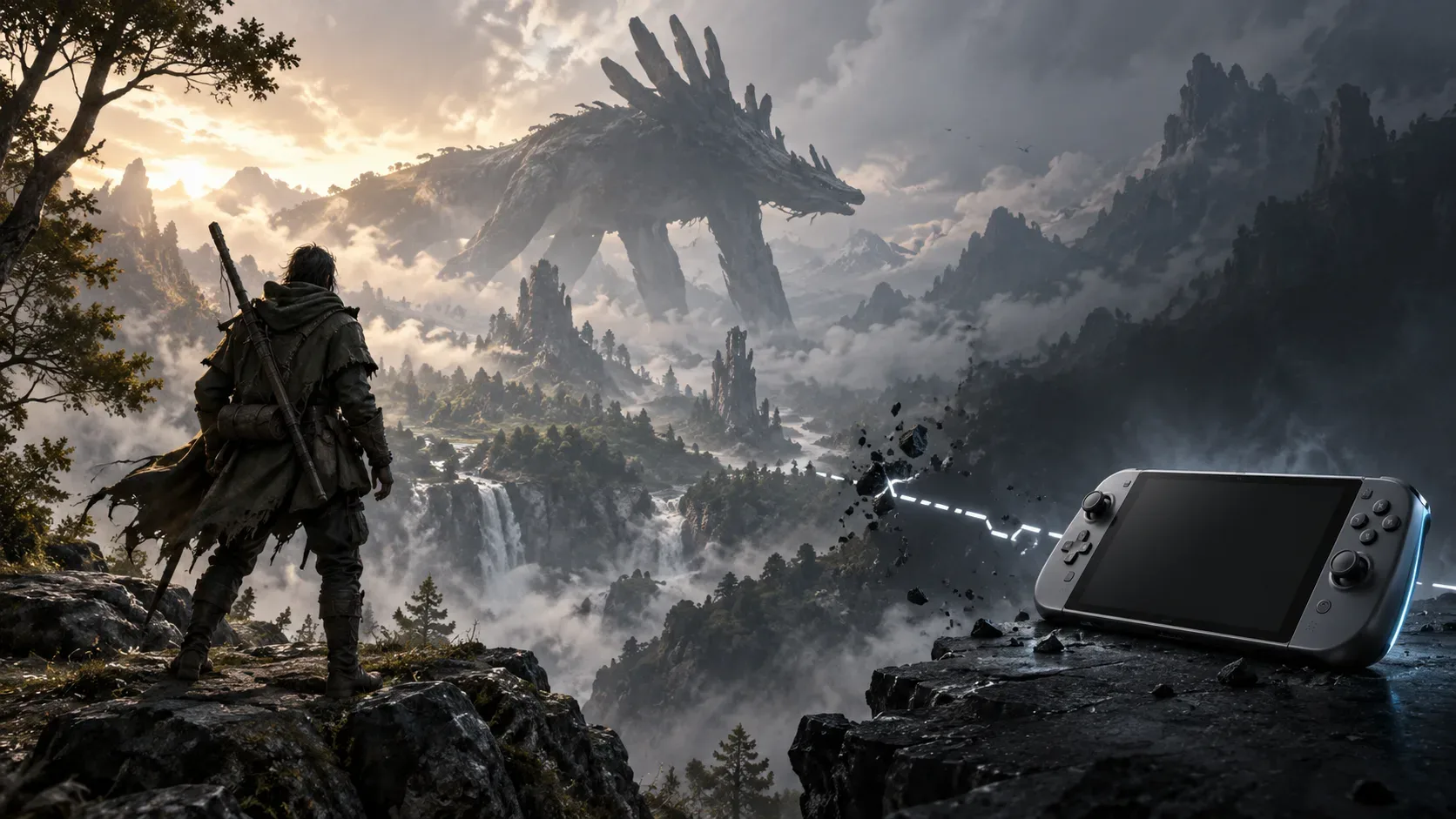 Caçador de fantasia diante de uma criatura colossal em um vale montanhoso, separado por uma conexão interrompida de um console portátil genérico.