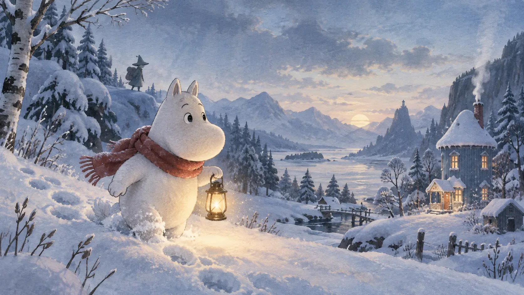 Moomintroll com cachecol vermelho e lanterna atravessa neve profunda em um vale invernal, com casa iluminada e viajante ao fundo.