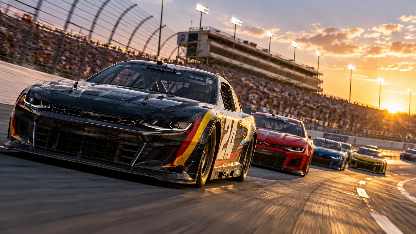Carro de stock car preto lidera um pelotão em uma pista oval ao pôr do sol, com arquibancadas cheias e outros carros logo atrás.