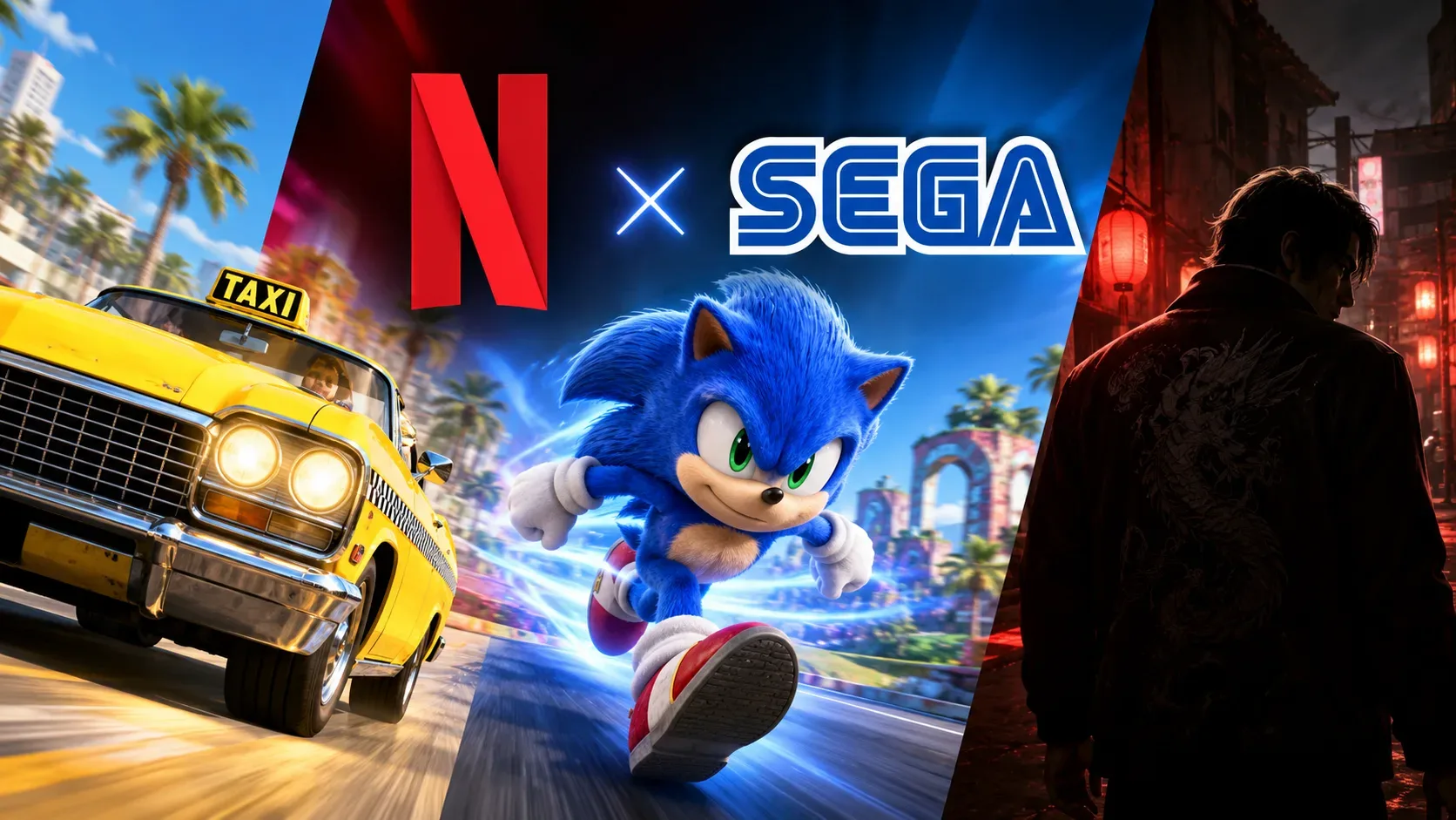 Montagem com táxi amarelo, Sonic correndo e figura sombria em rua com lanternas, com as marcas Netflix e SEGA ao centro.