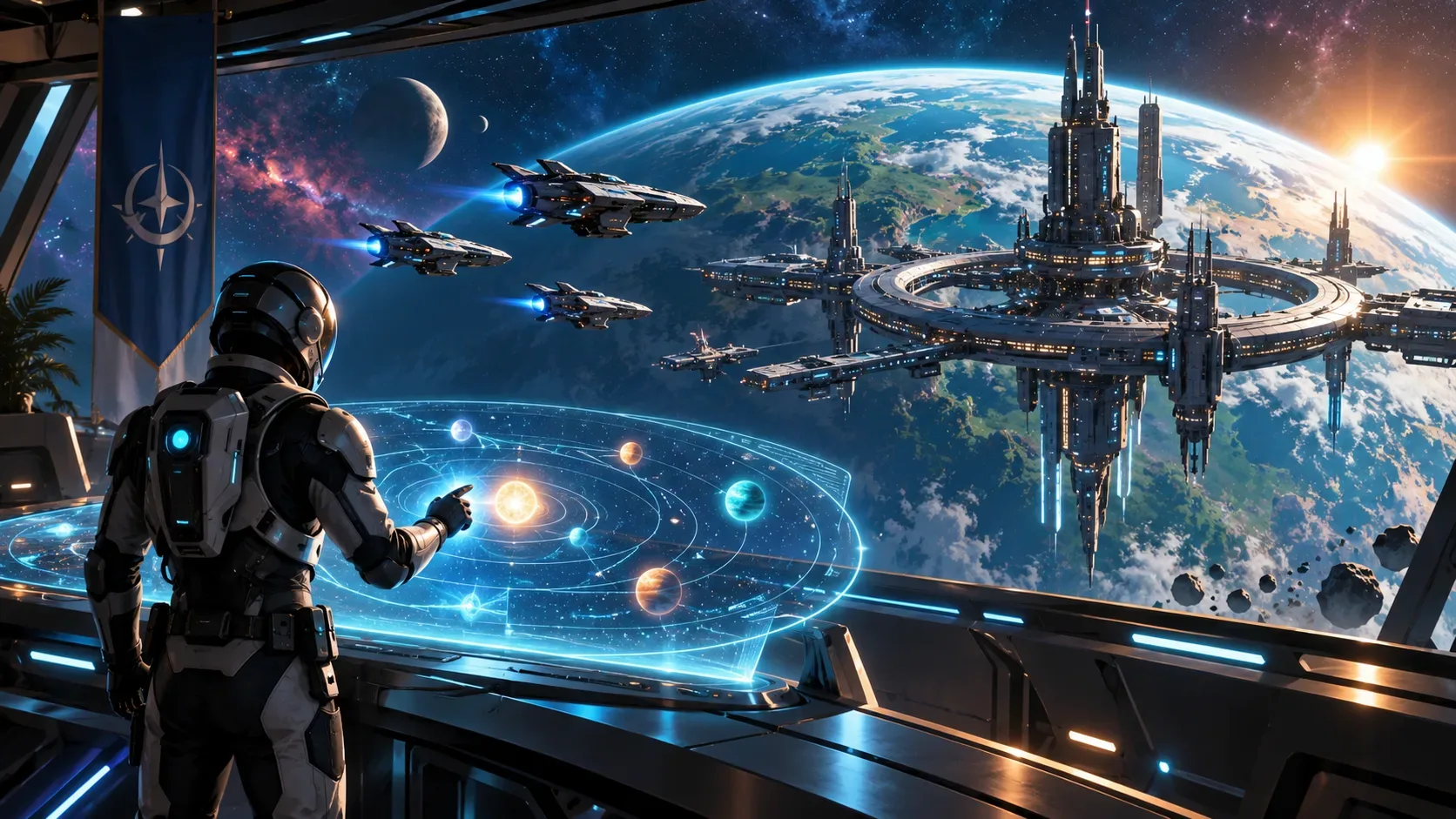Explorador diante de um mapa estelar holográfico, com grande estação orbital e naves aliadas sobre um planeta ao fundo