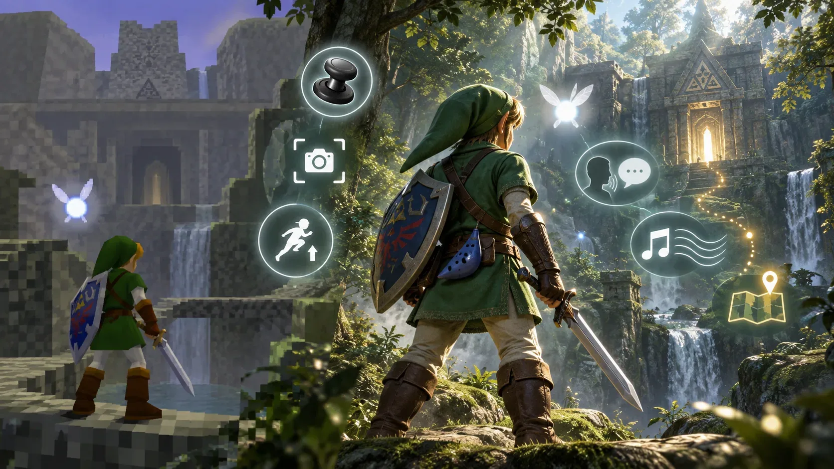 Link entre uma recriação de visual low-poly e uma versão moderna de Hyrule, com símbolos de câmera, salto, voz, música e orientação ao redor.