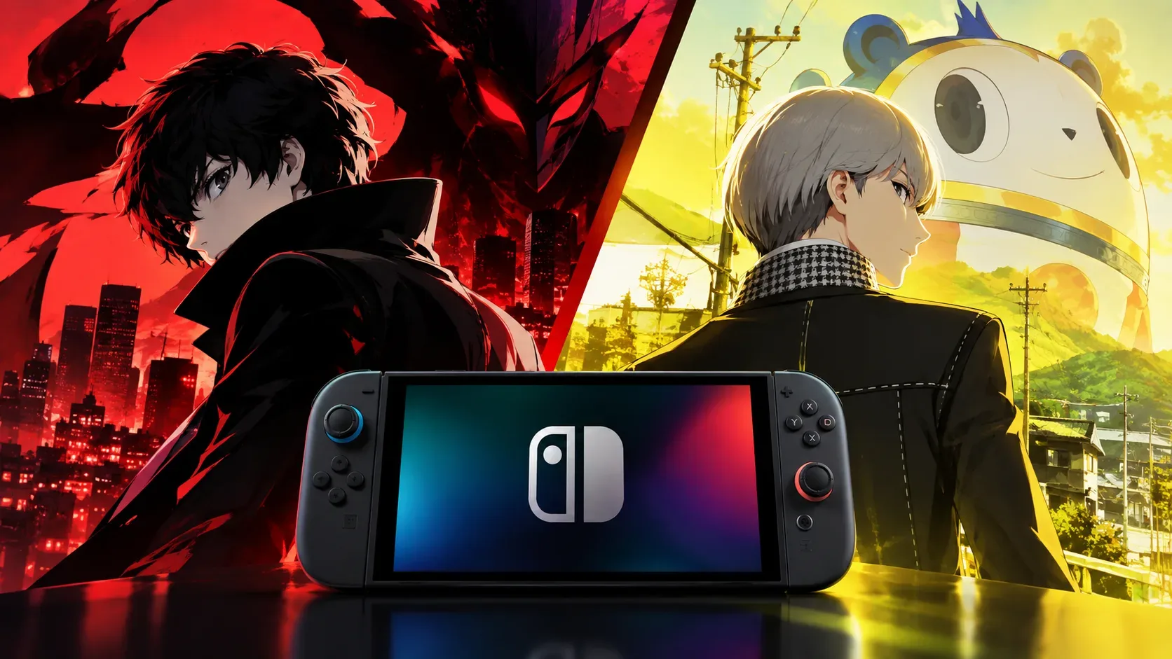 Console portátil ao centro divide uma cena em dois mundos de RPG: cidade sombria em vermelho e cenário rural dourado, com dois protagonistas em estilo anime e um mascote ao fundo.
