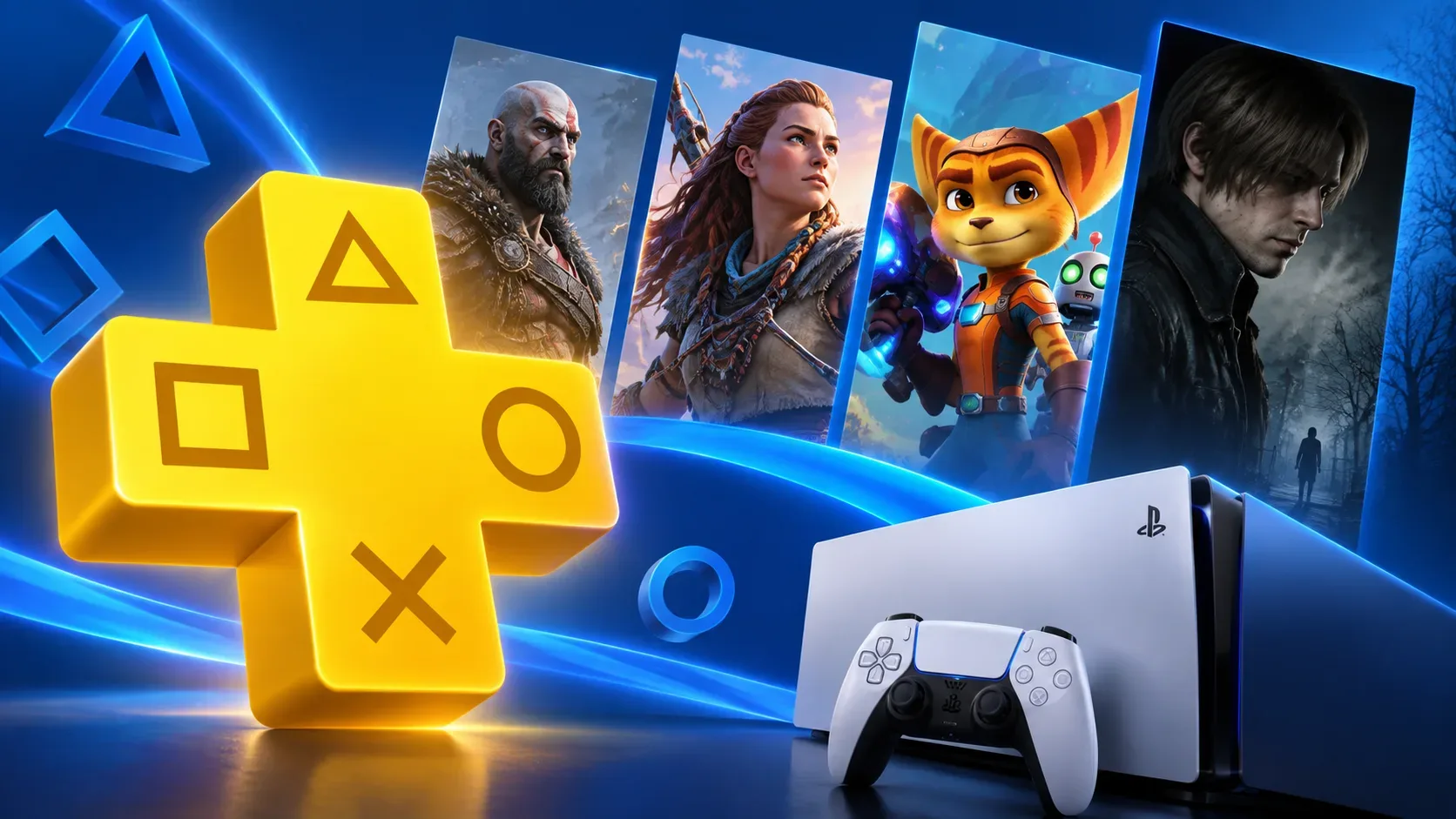 Símbolo dourado inspirado no PlayStation Plus em primeiro plano, formas azuis de controle, quatro painéis com personagens de jogos e um console PS5 com controle sobre fundo azul.