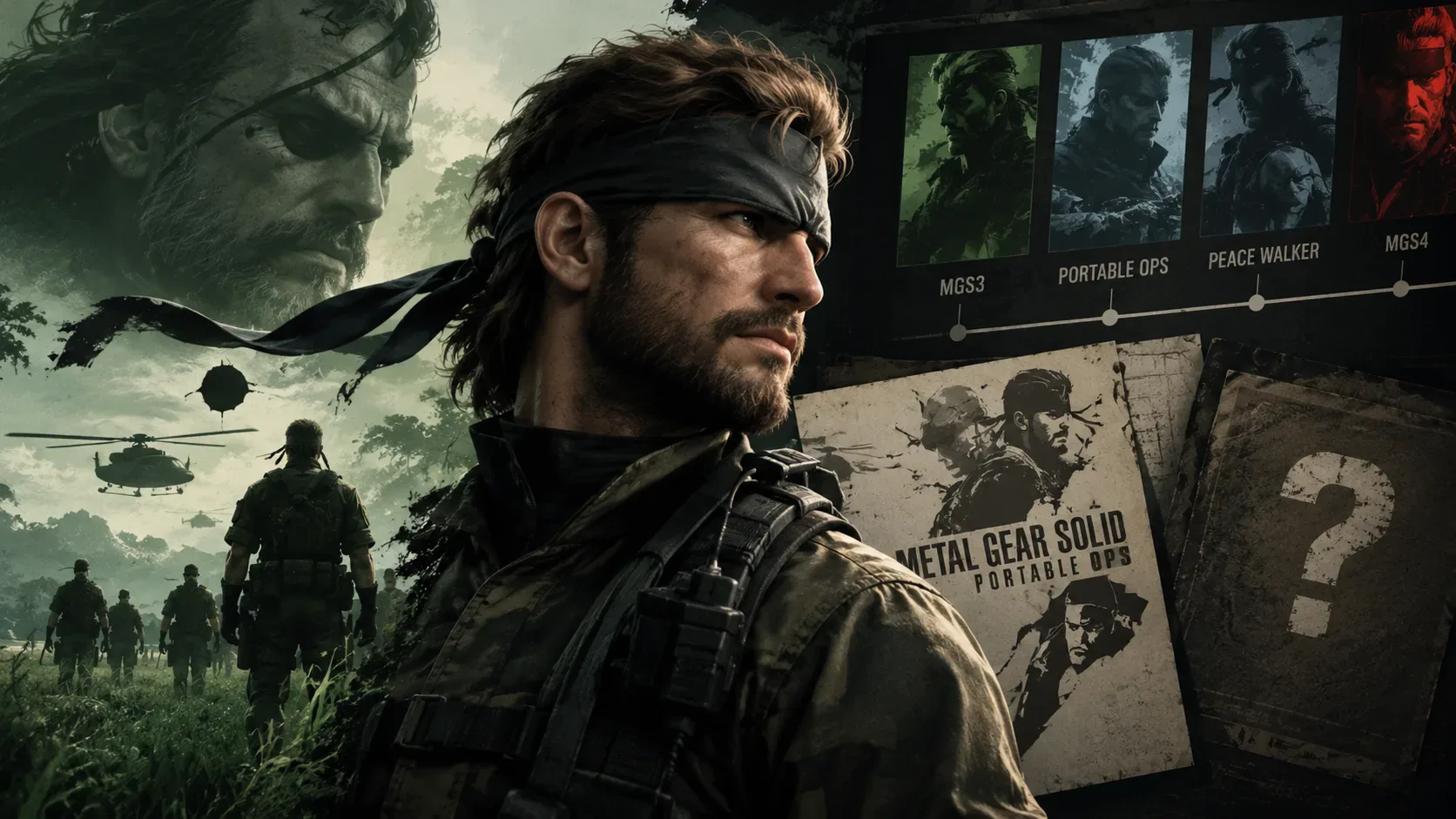 Big Boss em primeiro plano diante de soldados e helicópteros, com uma linha do tempo de Metal Gear e referências a Portable Ops, MGS3, Peace Walker e MGS4 ao fundo.