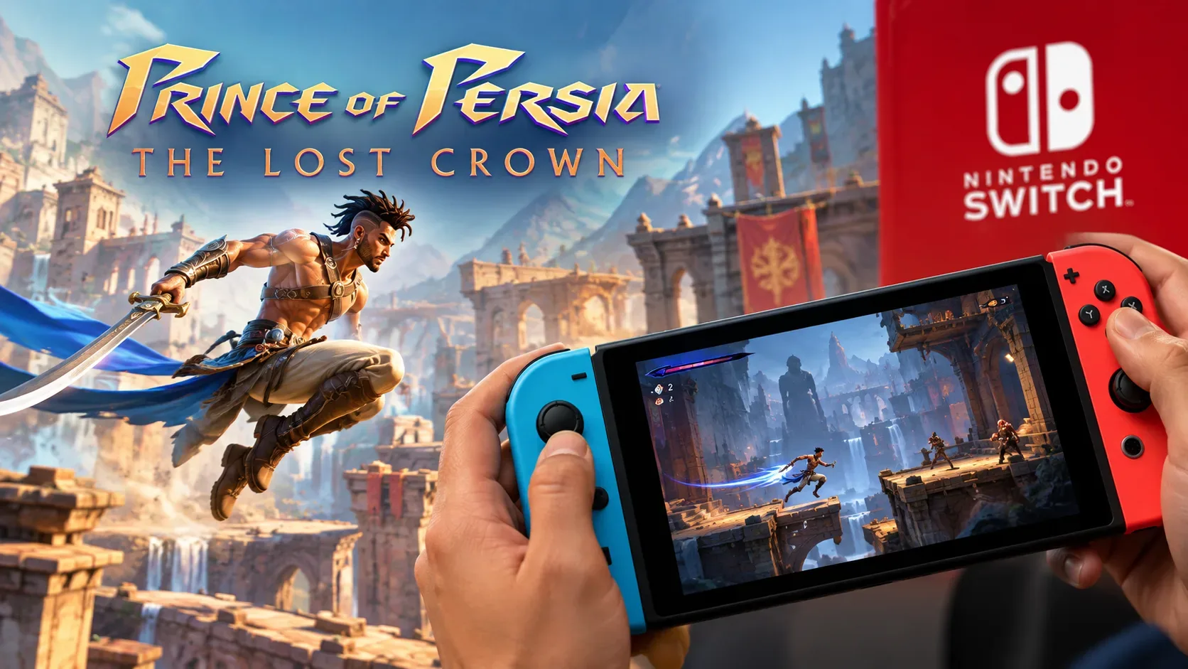 Sargon salta com uma espada diante de ruínas enquanto mãos seguram um Nintendo Switch exibindo uma cena de ação de Prince of Persia The Lost Crown.