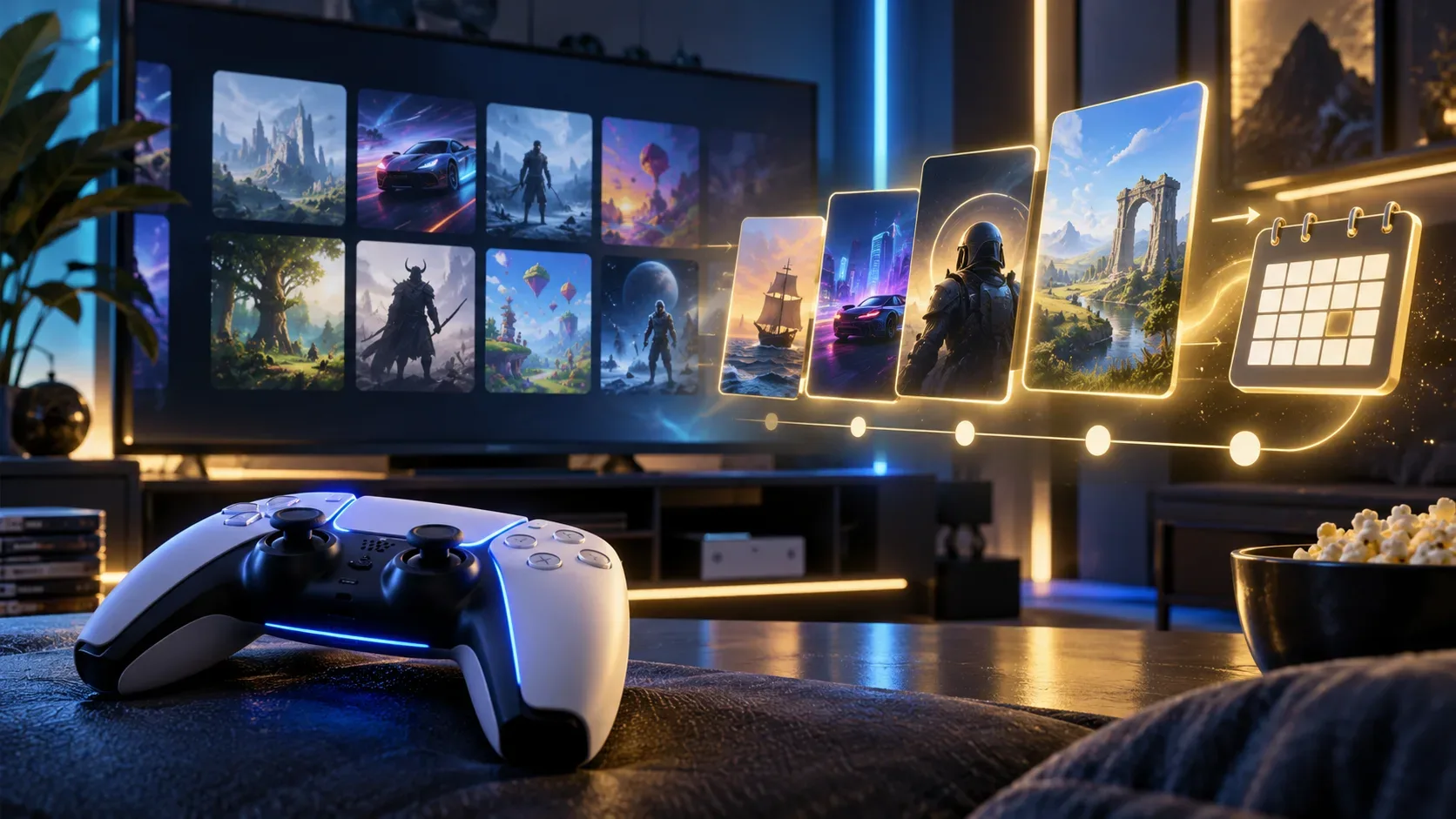 Controle de videogame diante de uma biblioteca digital com cartões de jogos e um calendário visual, em iluminação azul e dourada.