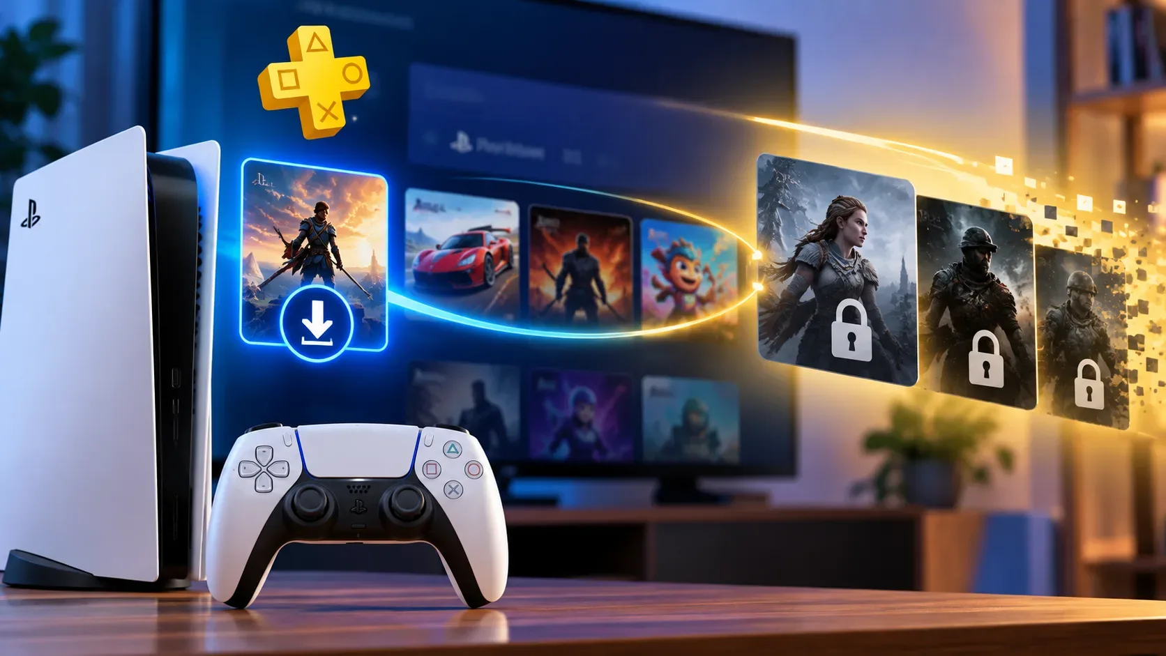 Console PlayStation 5 e controle diante de uma tela com capas de jogos, algumas marcadas para download e outras com cadeados se desfazendo.