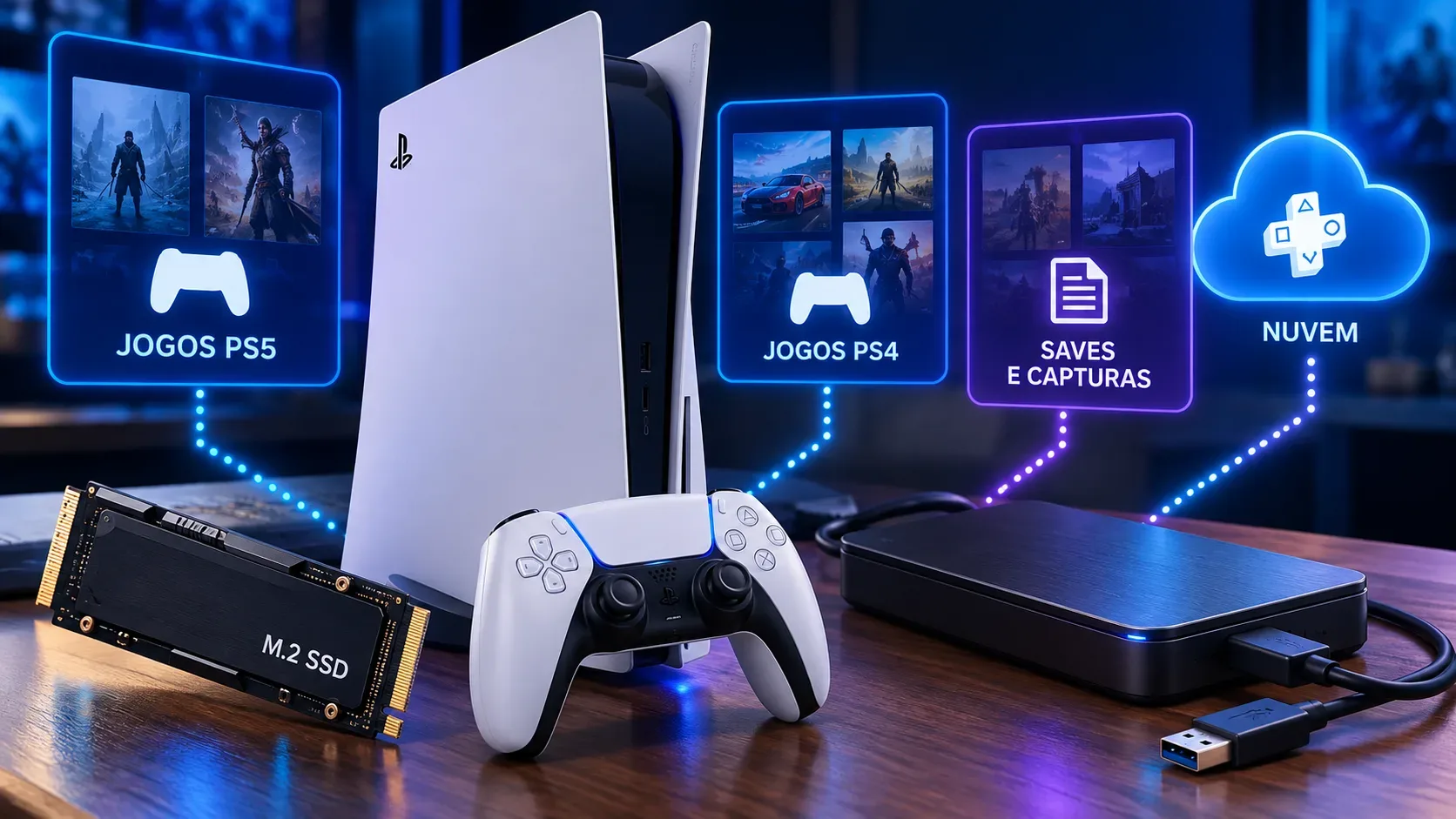 Console PS5 com controle, SSD M.2 e unidade externa USB sobre uma mesa, cercados por painéis luminosos que representam jogos de PS5, jogos de PS4, saves, capturas e nuvem.