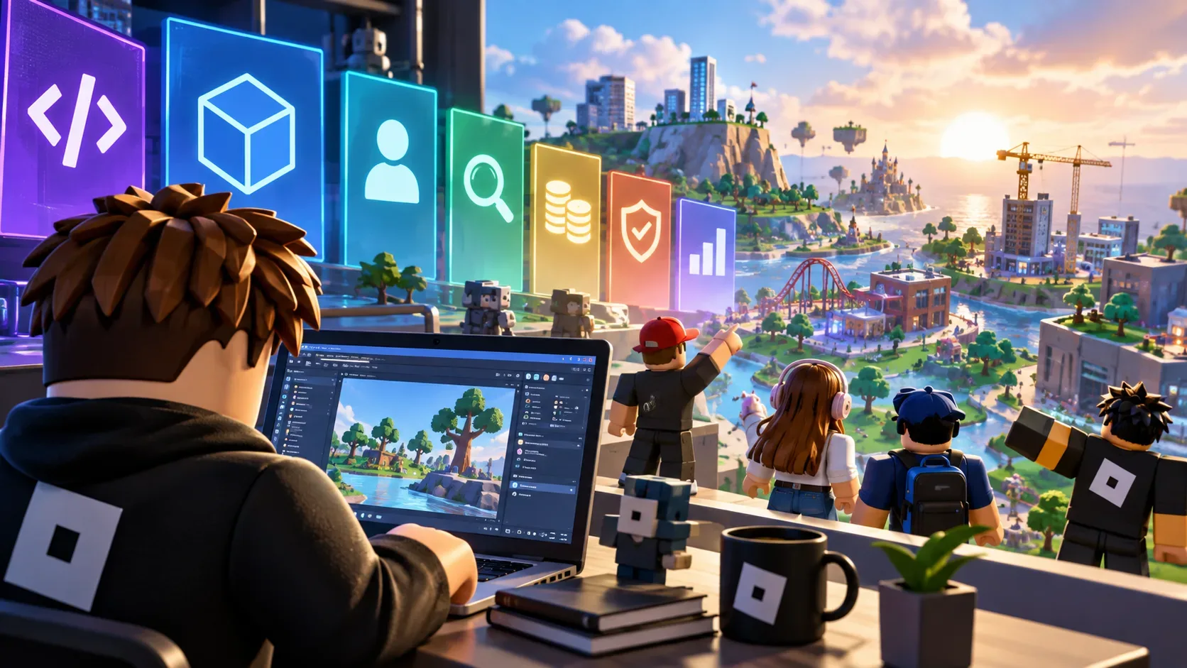 Criador trabalha em um notebook com editor 3D enquanto avatares observam um mundo virtual, cercado por ícones de código, busca, monetização, segurança e analytics.