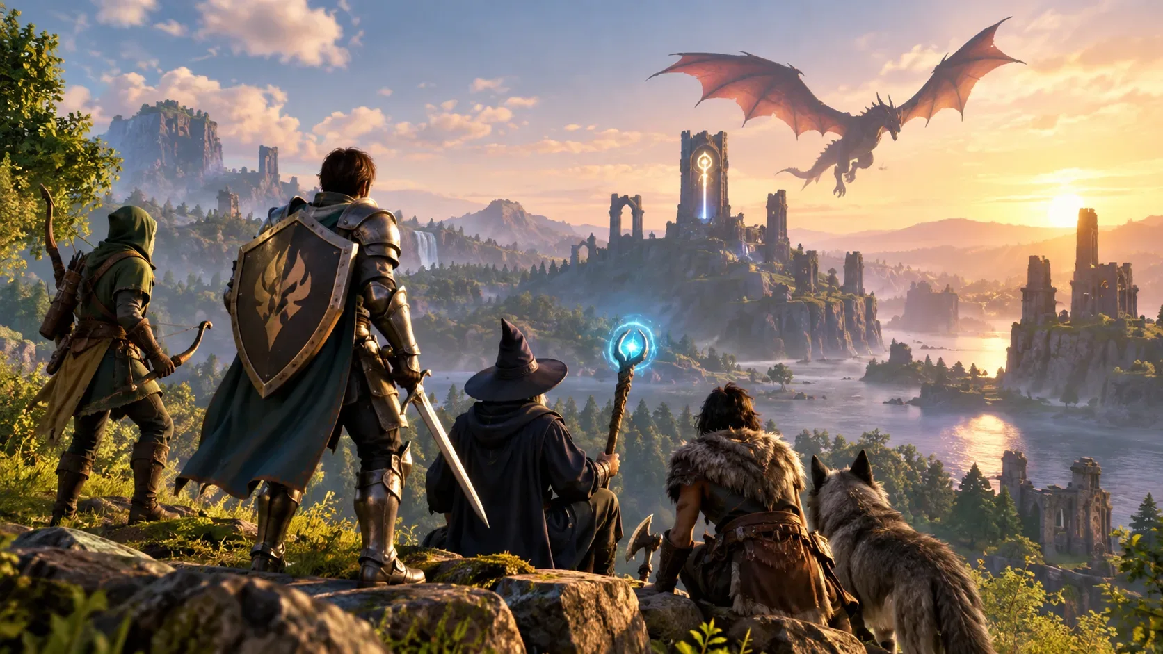 Quatro aventureiros observam um vale fantástico com ruínas, lago e um dragão voando ao pôr do sol.