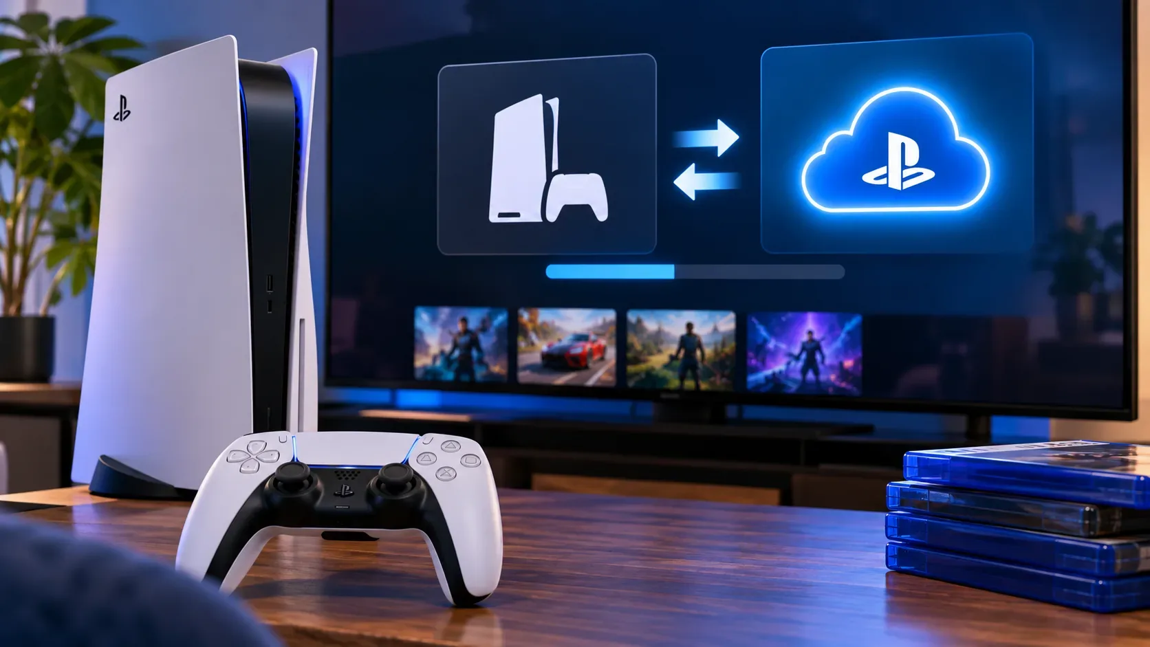 Console PS5 e controle DualSense diante de uma TV com símbolos de sincronização entre console e nuvem e imagens de jogos.