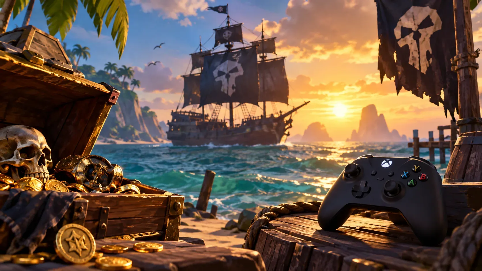 Controle preto de Xbox sobre um cais de madeira, com navio pirata, baú de tesouro e mar tropical ao pôr do sol.